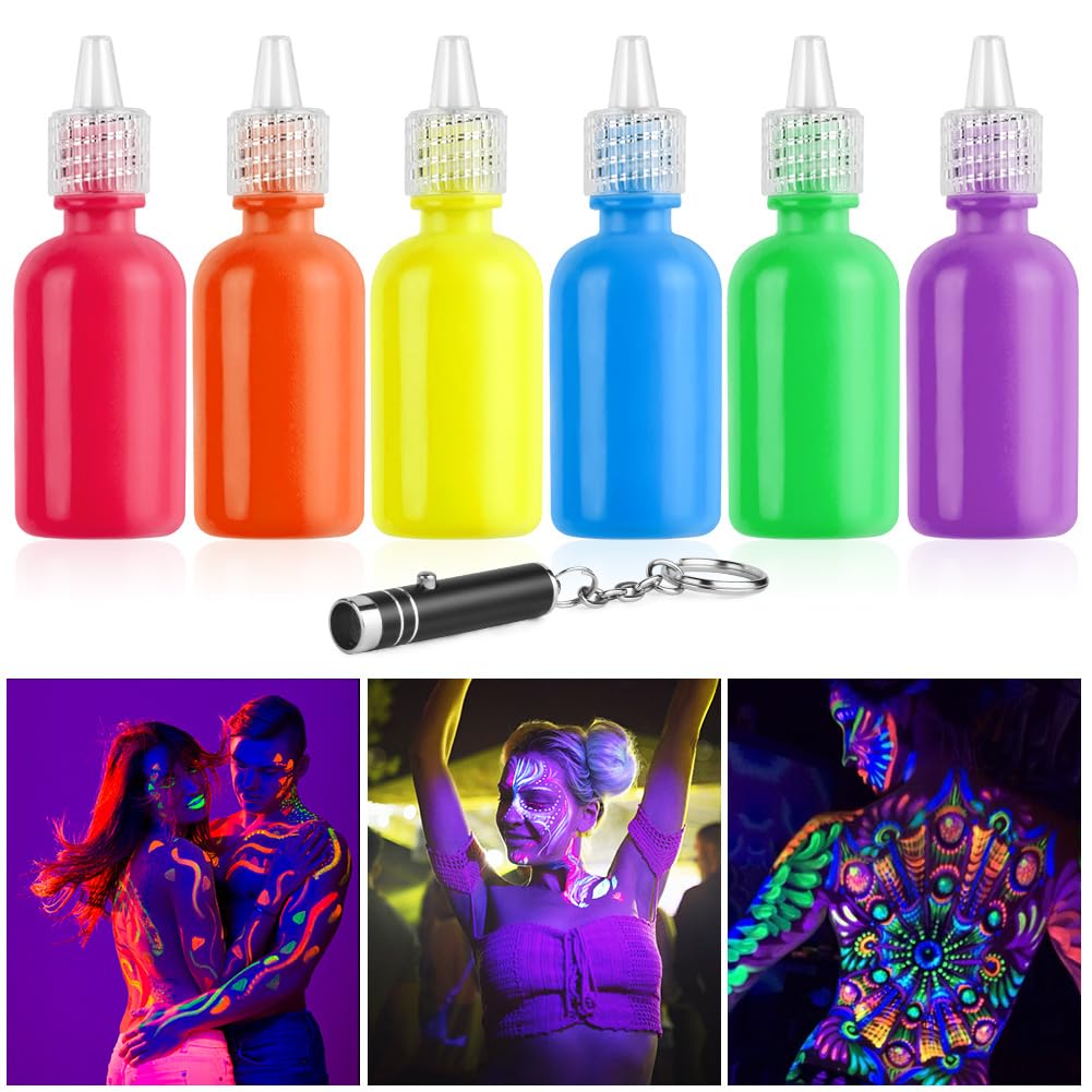 LOPHE Farba do twarzy dla dzieci, zestaw do malowania twarzy 6*30 ml, neonowa farba do twarzy z lampą UV, fluorescencyjne farby do twarzy i ciała, hipoalergiczny, makijaż UV Halloween Festival (zestaw