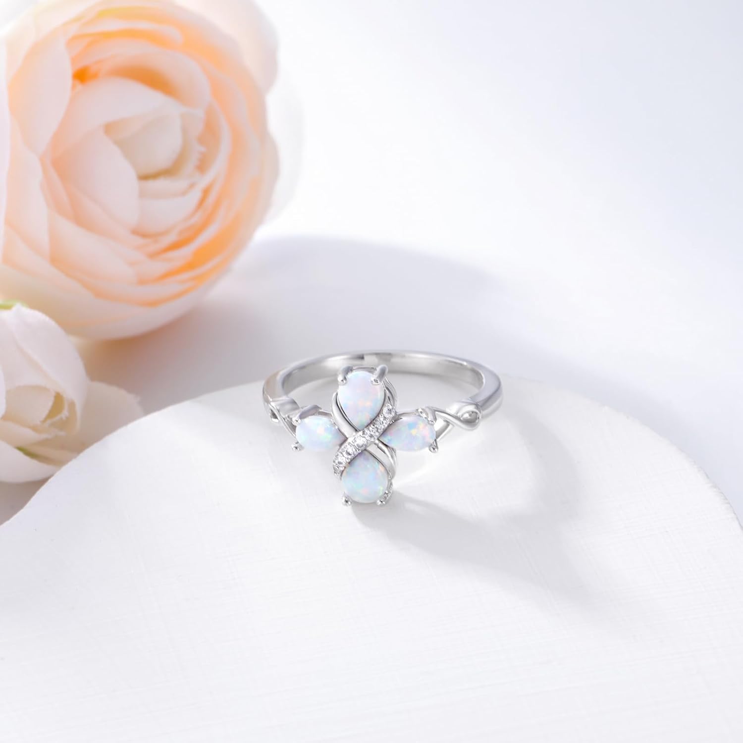 925 Sterling Silver White Opal 4-stones Ring,Statement rings with Four Leaf Clover Opal Jewelry Gifts for Women Her(Ring Size 5-9)