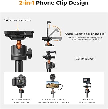 K&F CONCEPT 62'' Phone Selfie Stick Tripod