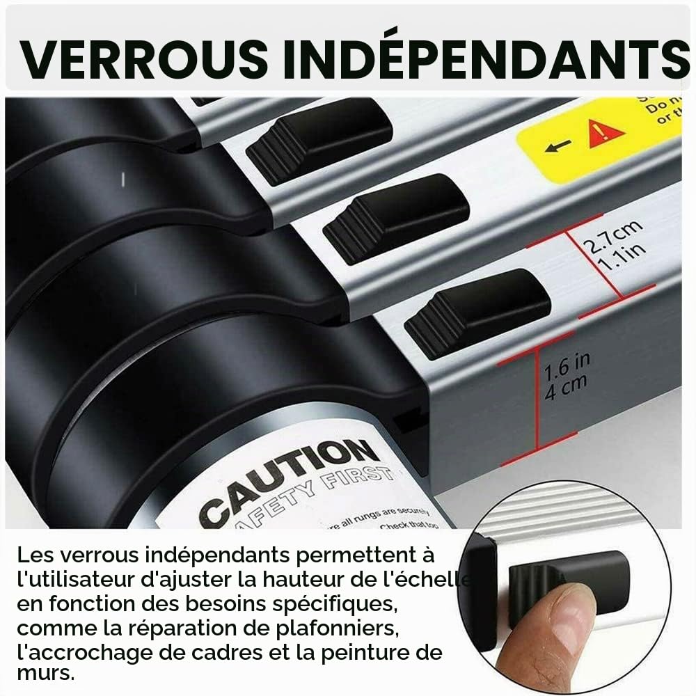Échelle télescopique de 4,4 m avec 2 Crochets, échelle coulissante extensibl, échelle Multifonction, Facile à Transporter, capacité de 150 kg, Argent