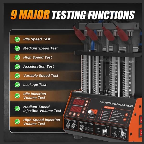 EVSTUL Fuel Injector Cleaner Tester Machine, 45℃ Heating Ultrasonic Function, 12 Test Modes, 4 Cylinders Injector Tool with 5 Adapters Tester and Cleaner Kit for Gasoline & Diesel Cars, Motorcycles by EVSTUL - Used condition - Image 4
