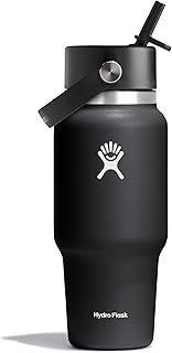 Travel Water Bottle - Insulated Stainless Steel - Wide Straw Lid, Non Spill, Leakproof in 24 Oz Black