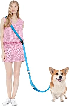 Hands Free Dog Leash & Car Seatbelt, 5.3-7.9ft Crossbody Dog Belt with Dual Soft Handles, Shock-Absorbing, 360 Clip, Reflective Design for Walking, Running, Hiking, Travel. Blue
