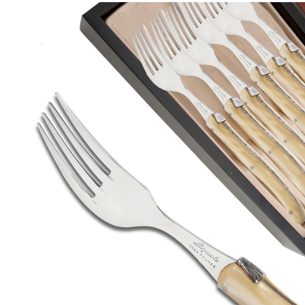 Coffret de 6 fourchettes laguiole manche en acrylique nacré champagne