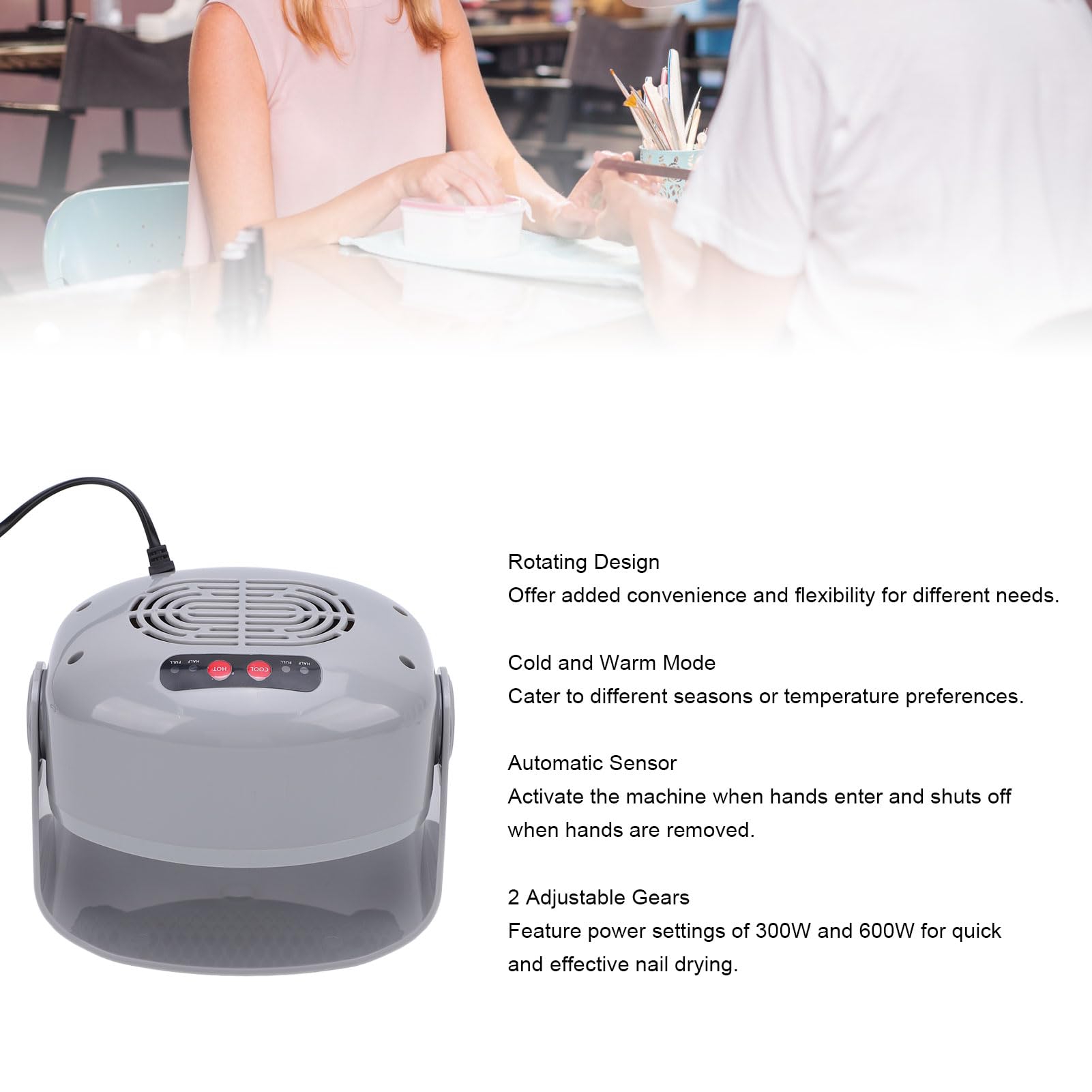 Essiccatore per unghie ad aria, 300 W, 600 W, 2 ingranaggi regolabili, girevole, ventola per asciugatura calda e fredda, con sensore automatico, asciugatura rapida per unghie e piedi, smalto normale