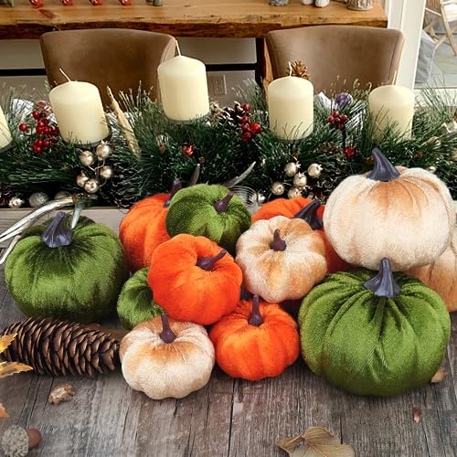 Image of Artmag 12Pcs Fall Artificial Velvet Pumpkins Assorted Sizes Orange Green Khaki Fake Farmhouse Harvest Pumpkins for Fall Thanksgiving Party Home Decoration