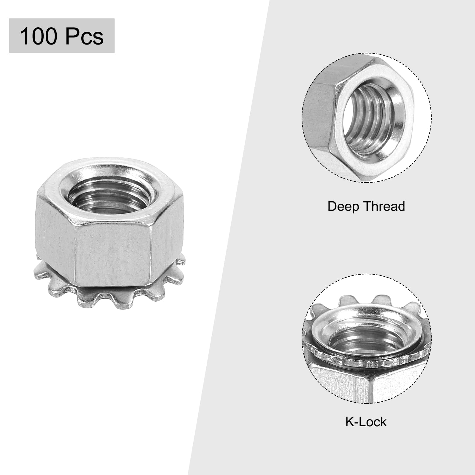 QUARKZMAN 100uds 3/8"-16 K-Bloqueo Tuerca con Externo Diente Arandela, 304 Inoxidable Acero Estrella Bloqueo Tuerca Arandelas, Plata