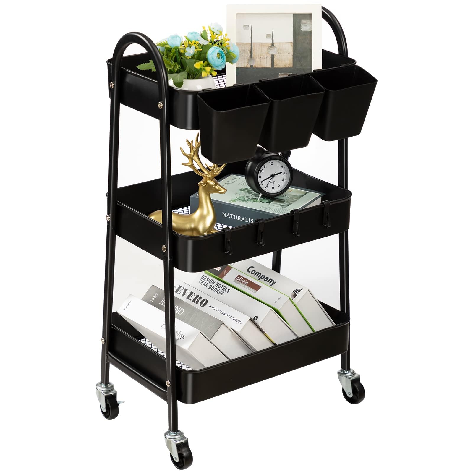danpinera 3-Tier storage trolley, Metal storage cart with Lockable Wheels & Hanging Cups & Hooks, storage trolley on wheels for bathroom, kitchen, craft, beauty, Black