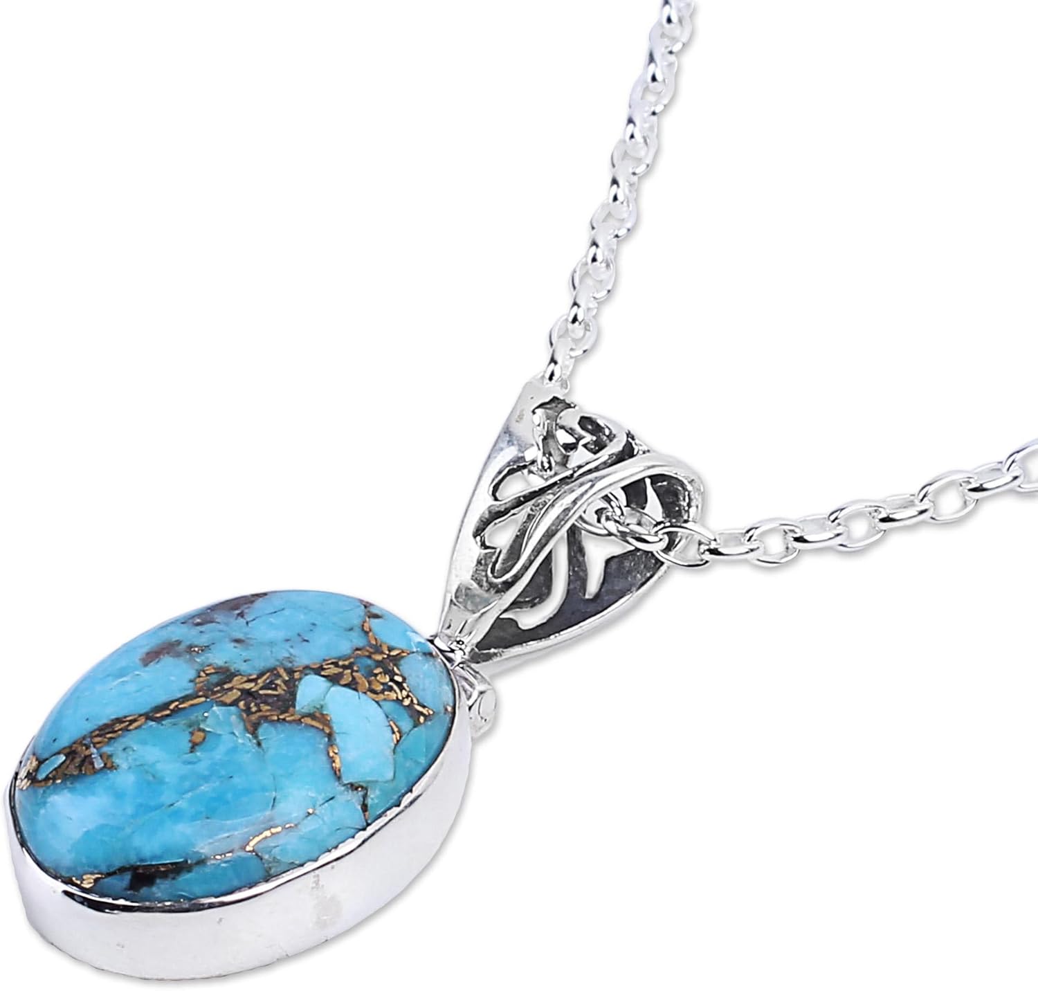 NOVICA Artisan Handmade Sterling Silver Pendant Necklace Blue Turquoise India Reconstituted Island Paradise [18 in L 2 mm W Pendant(s) 1.2 in L x 0.6 in W x 0.2 in D] Mystical Blue