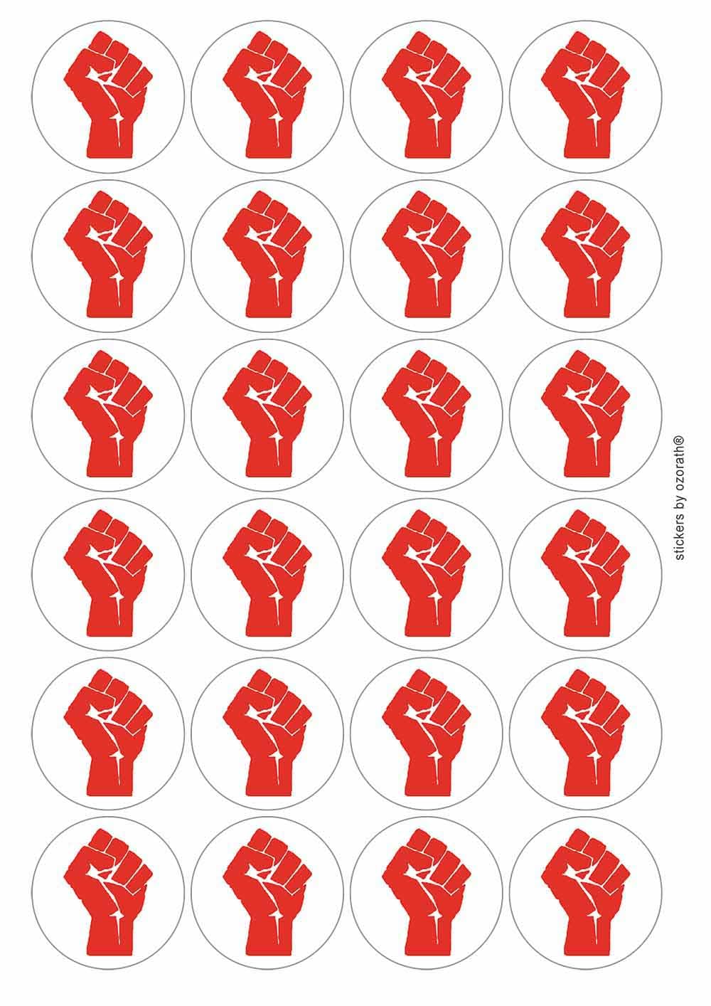 Red Solidarity Fist Circular Matt Paper Stickers A4 Sheet of 24 (Each Sticker is 45mm Diameter)