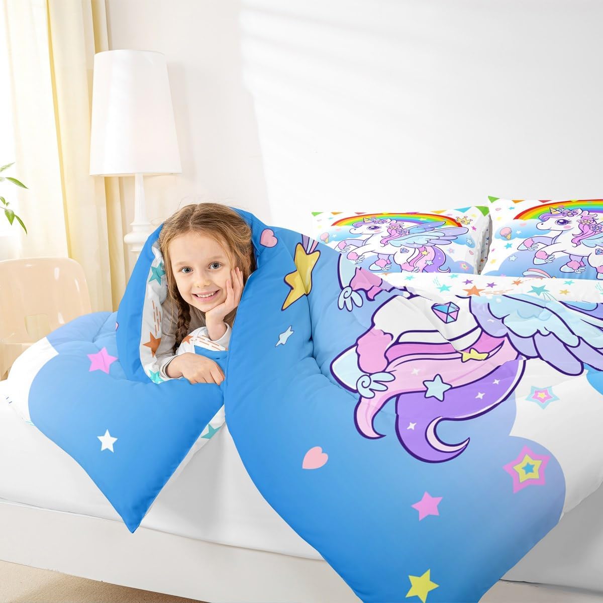 Girls Cute Unicorn Duvet Quilt Toddler Size Unicorn Glitter Bedding Set for Kids Boys Girls Decor Cute Animal Comforter Set Breathable Soft Lightweight Microfiber Rainbow Bedroom Decor Bedclothes