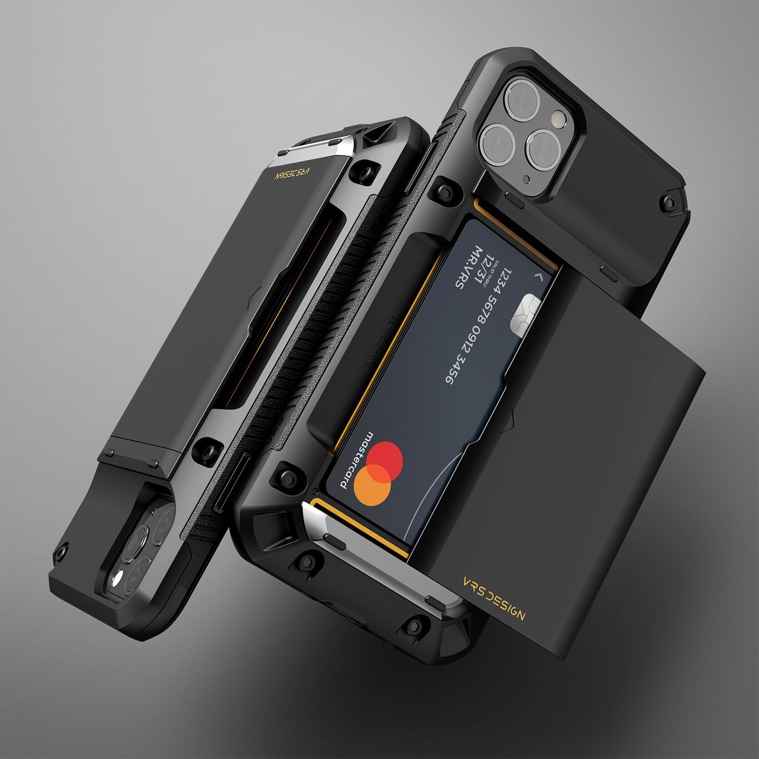 VRS DESIGN Compatible for iPhone 11 Pro Max Case with Card Holder [Damda Glide Pro], Premium Sturdy Semi Auto Card Slot Wallet [4 Cards] Case for iPhone 11 Pro Max 6.5 inch (2019) Logo Black