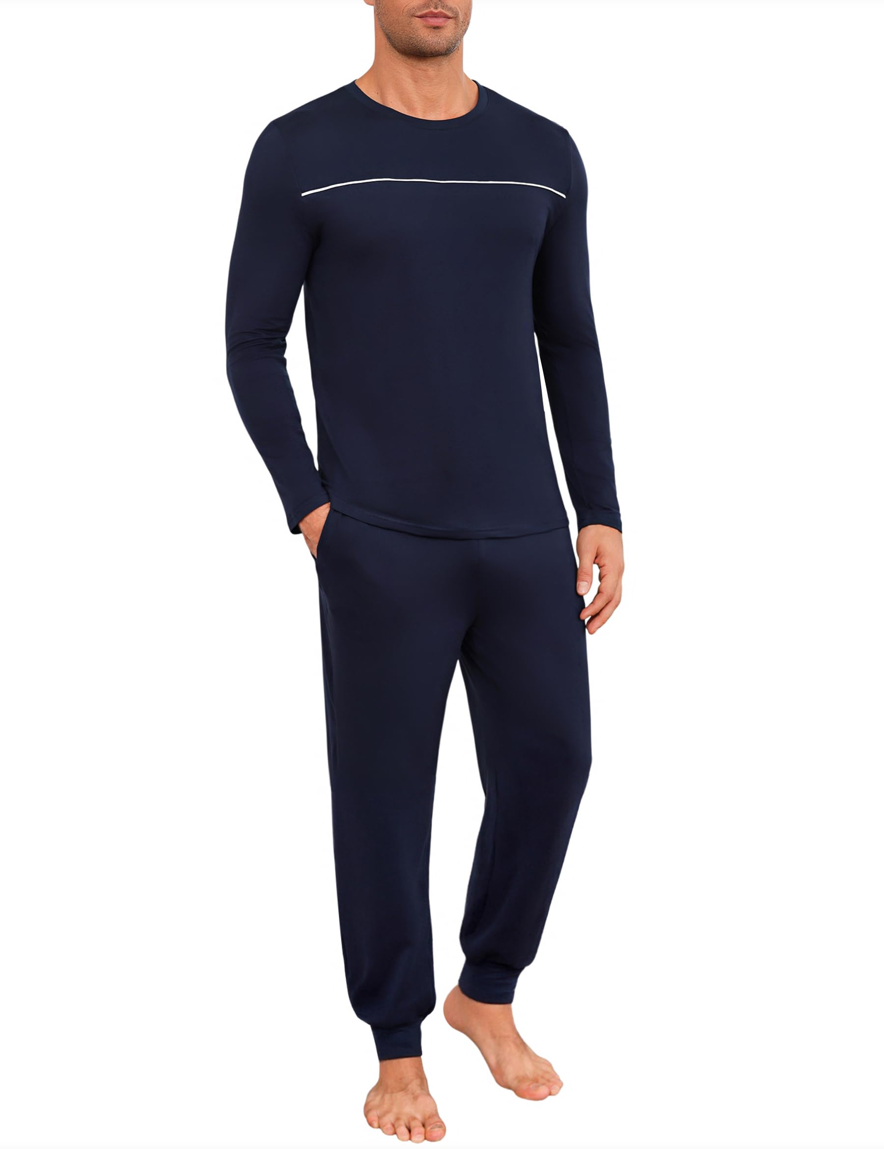 Marvmys Herren Schlafanzug Lang Winter Baumwolle Pyjama Set Rundhals Taschen Verstellbarer Bund Bequeme Nachtwäsche