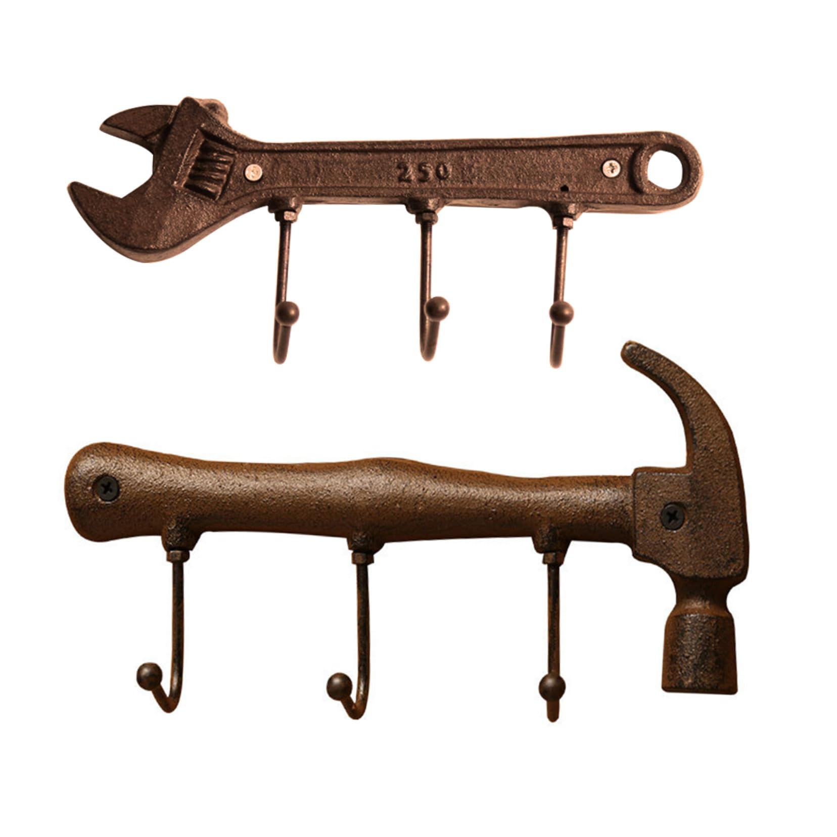 GLEAVI Set di Ganci da Muro Decorativi e Resistenti Forma di Martello e Chiave Inglese Stile Industriale in Ferro per Soggiorno e Studio