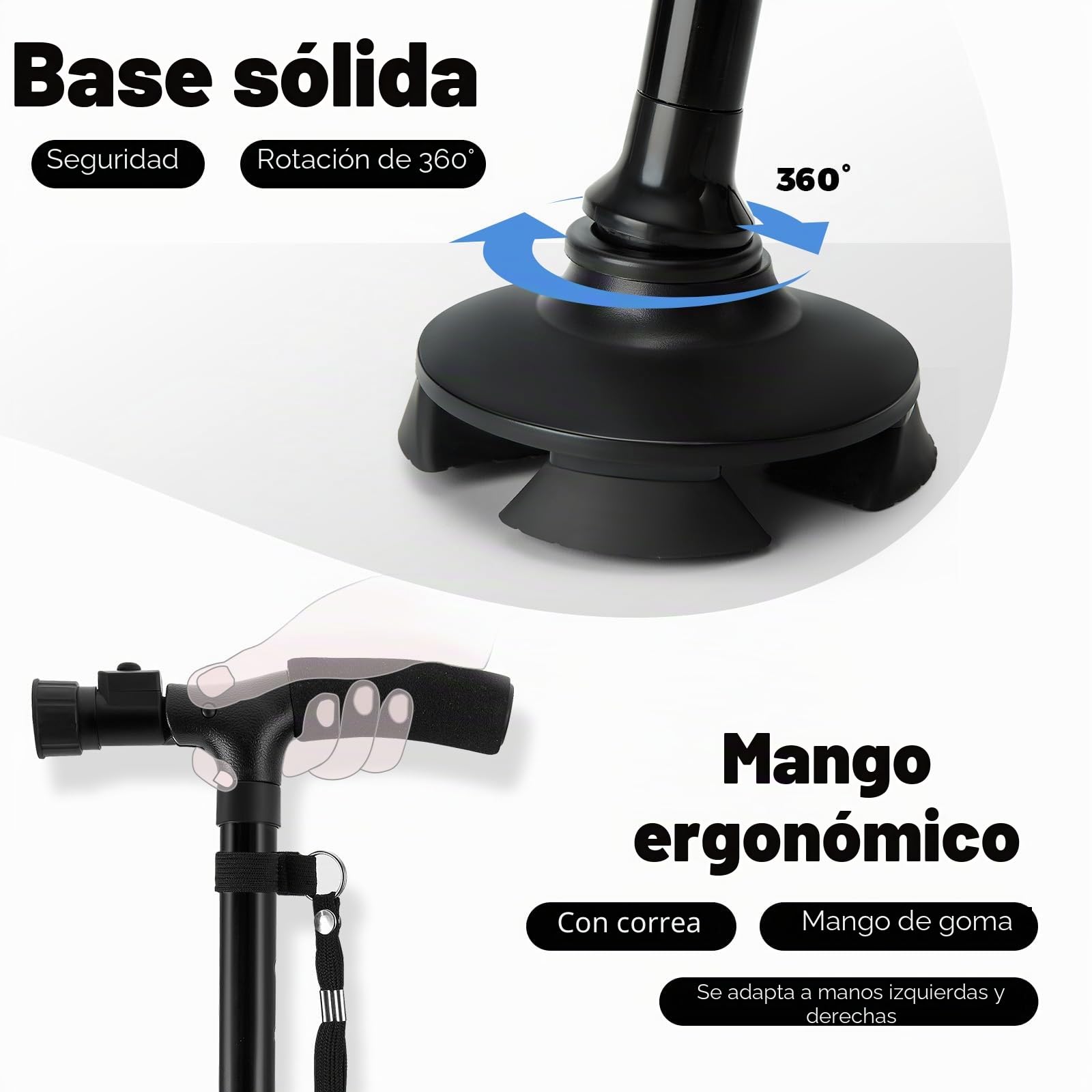 Bastón Plegable con luz LED, Ohuhu Bastones para Mayores Hombr Ajustable en Altura Ligero Palo Plegable Bastón no Deslizamiento con mango en T y base pivotante, Unisex Adulto