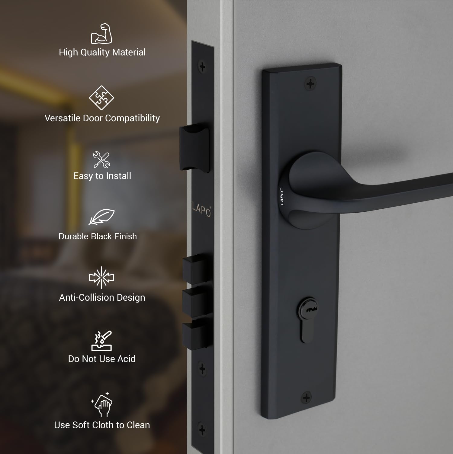 LAPO Mortise Door Lock for Home Main Door & Bedroom with Handle - Left-Right Fit 30-50mm Door Home Office Hotel - Heavy-Duty 70mm Cylinder - 50x85mm Body - 3 Brass Keys | Black Finish | CY-127 — Amazon image 5