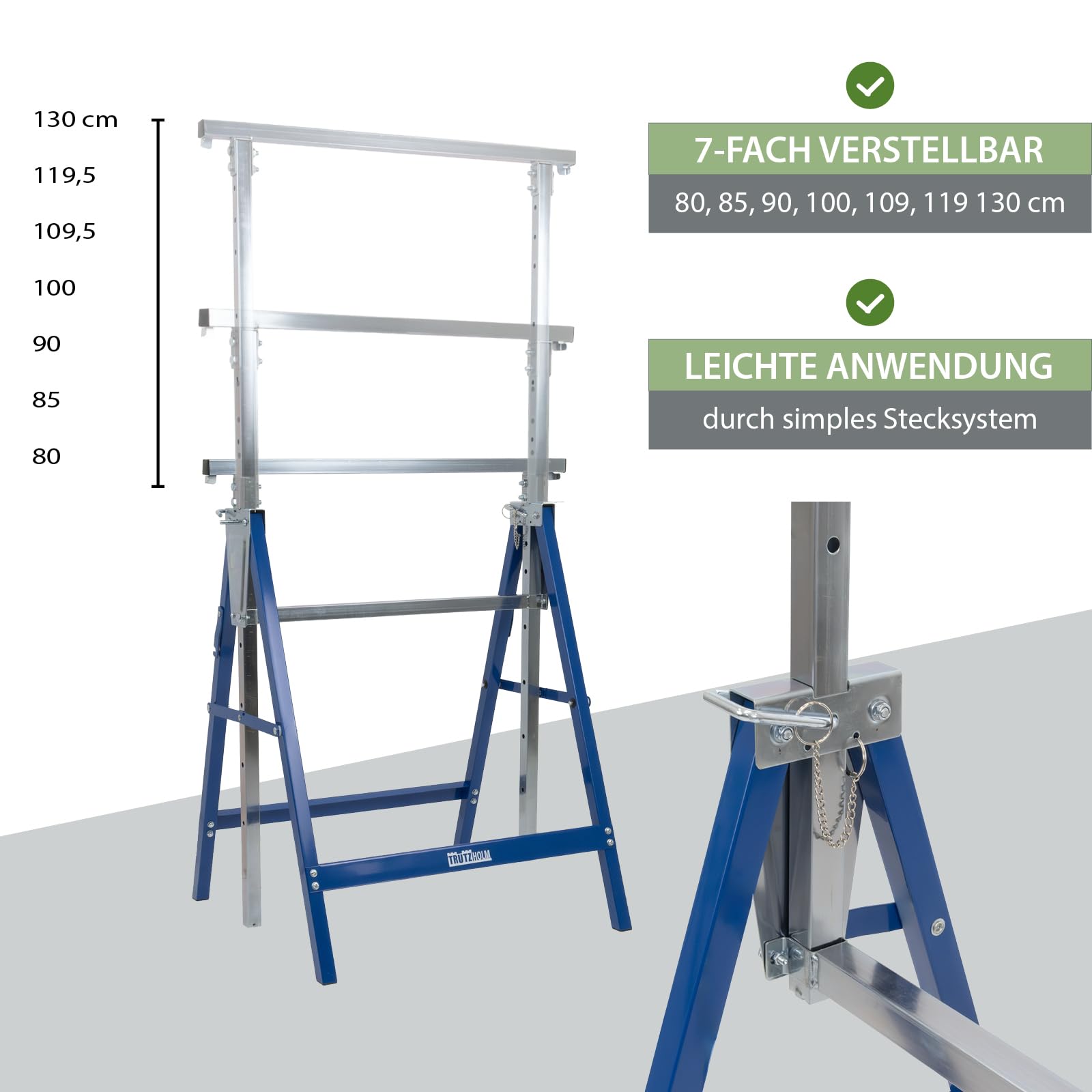 TRUTZHOLM Arbeitsbock 2x 7-fach höhenverstellbar 80-130 cm bis 400 kg Stahl verzinkt lackiert blau Klappbock Gerüstbock Unterstellbock