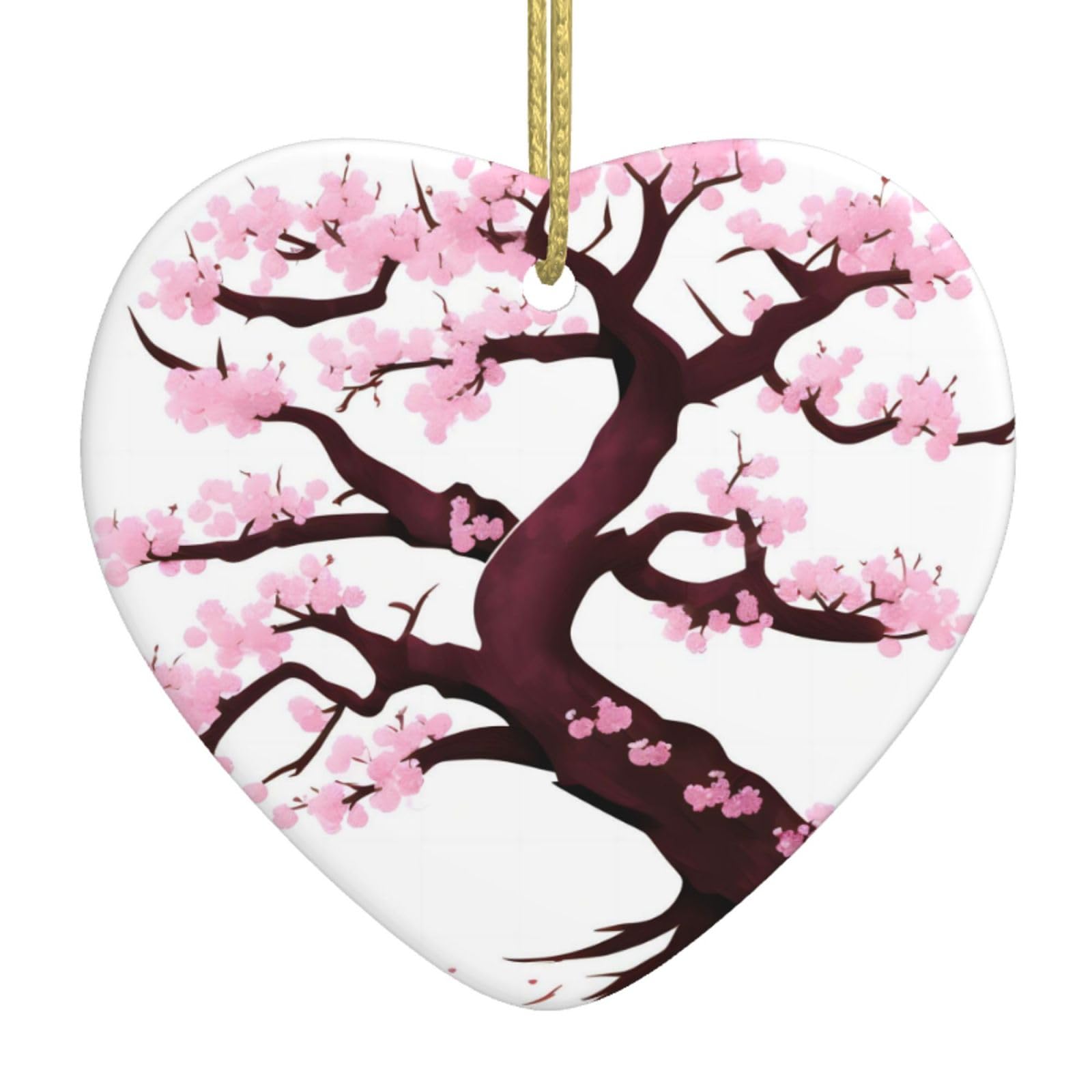 Cherry Blossoms Tree Ceramic Christmas Heart Pendant with Silk Thread, Christmas Tree Home Decoration