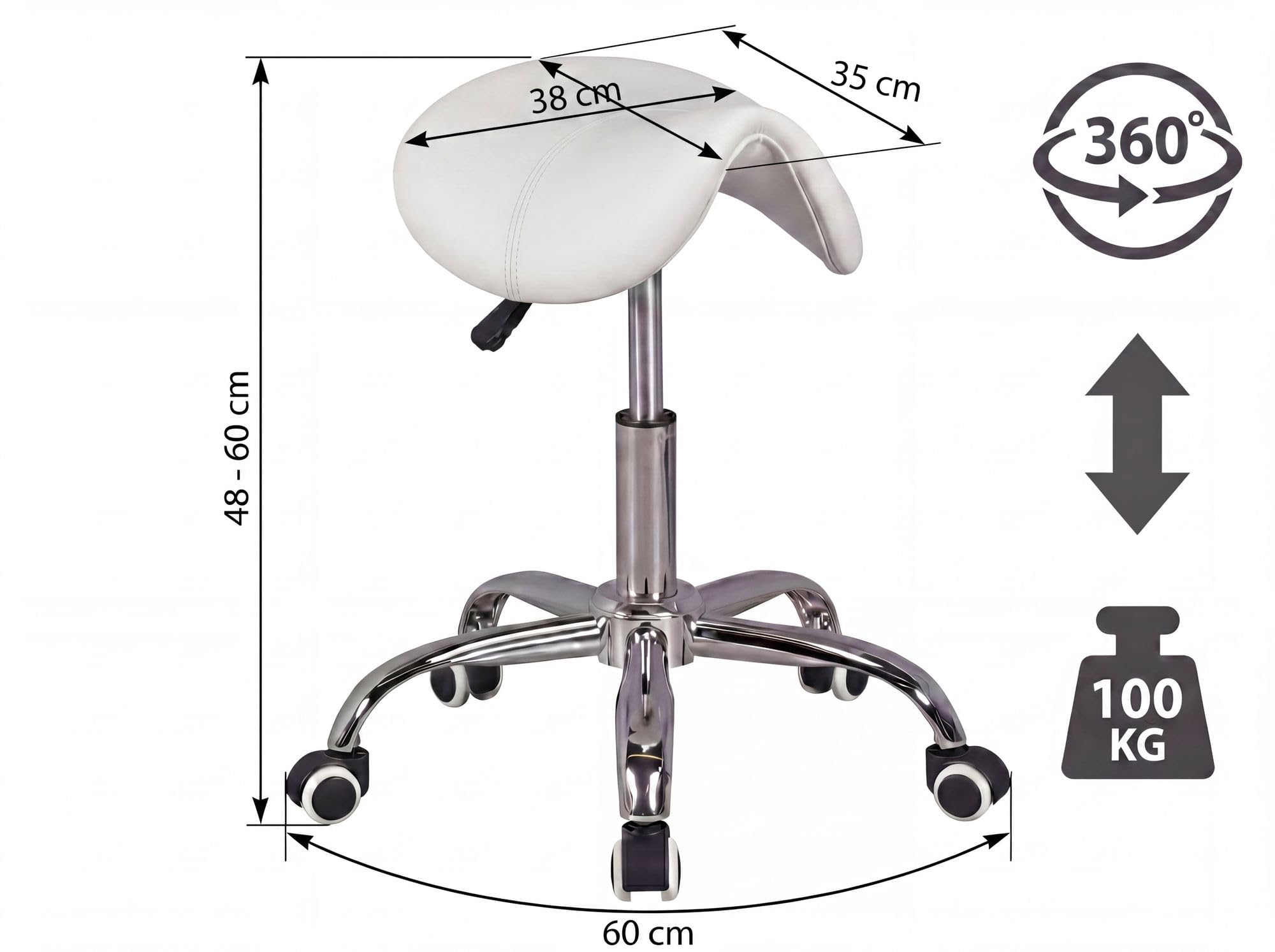 FineBuy Taburete de Silla de Montar con Ruedas de Imitación de Cuero Blanco | Taburete de Trabajo sin Respaldo | Taburete tapizado Ajustable en Altura