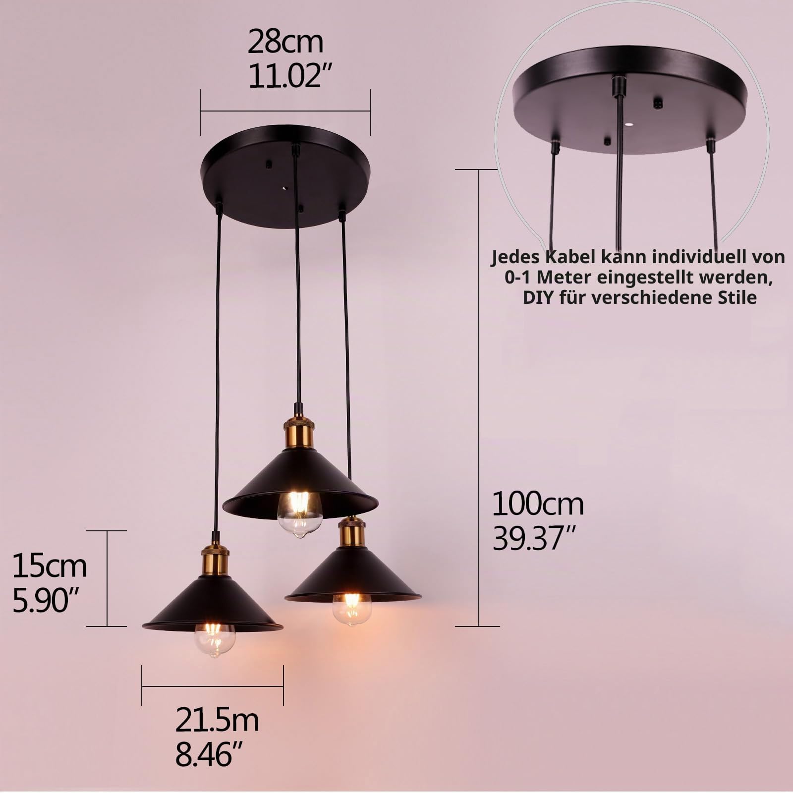 FIRVRE Hängelampe Vintage 3-Flammig, Runde Kronleuchter Klein Schwarz Gold, Pendelleuchte Höhenverstellbar für Wohnzimmer Küche Esstisch