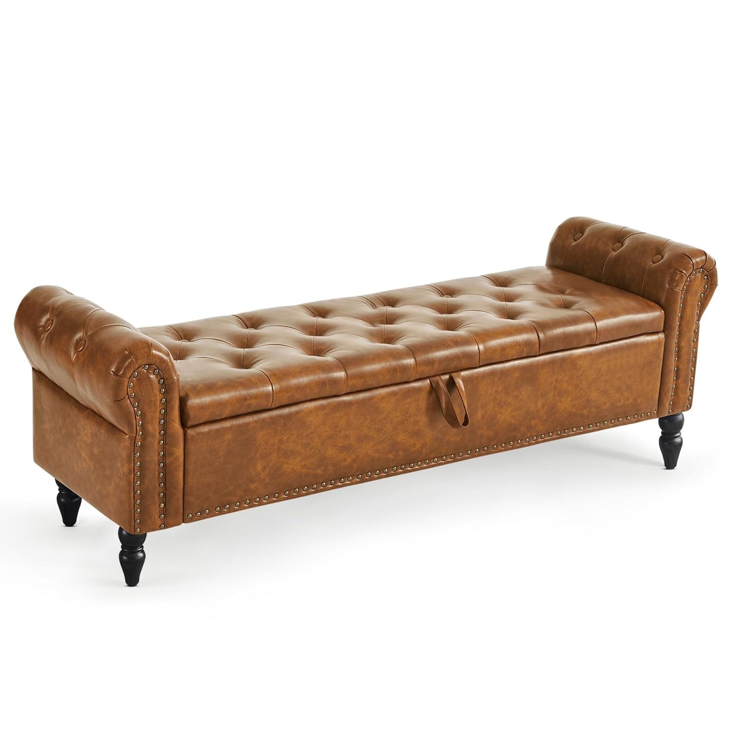 Zofra 63” End of Bed Bench, Bedroom Bench with Button-Tufted, Large Upholstered Storage Ottoman Benches Entryway with Storage Shoe Cabinet, for Bedroom, Living Room, PU, Brown