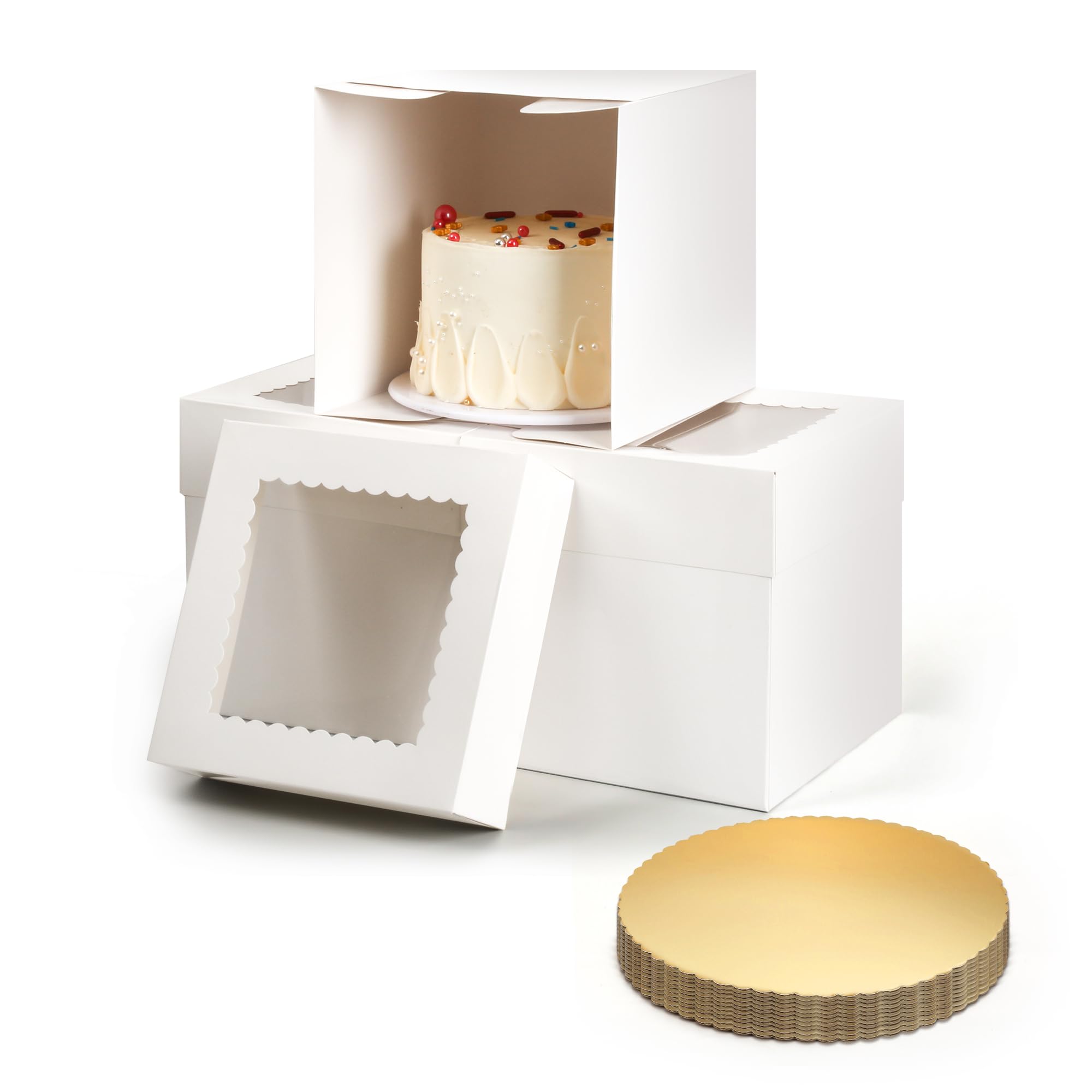 Wookiwuki 12pcs White Cake Boxes with Window, 8x8x8 Inches Bakery Boxes with 12pcs Golden Cardboard and 3pcs Stickers, Cak...