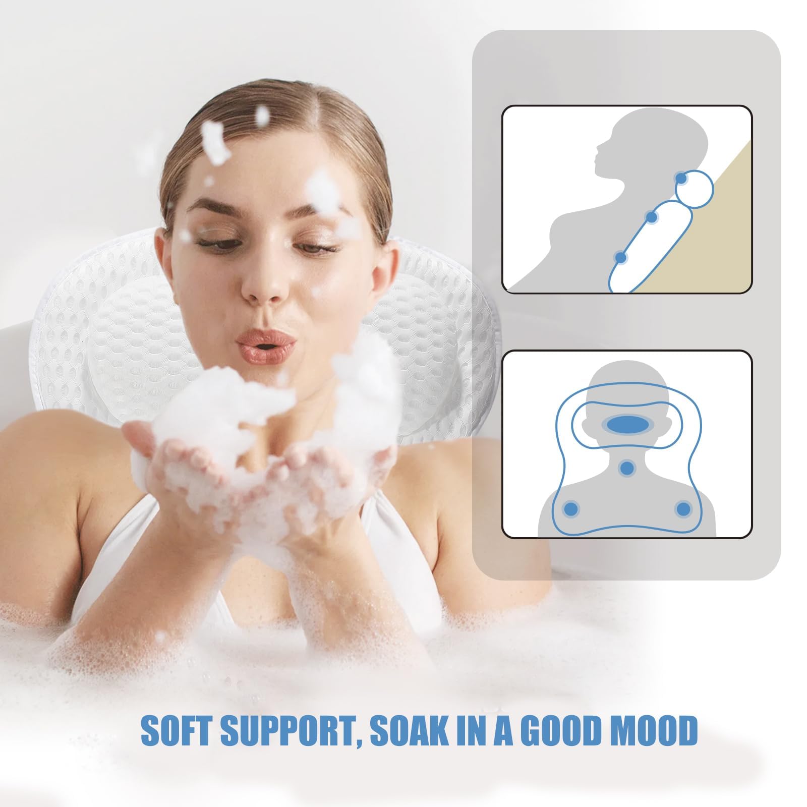 Almohada Bañera Antideslizante de Espuma Viscoelástica para Relajación, Cojín de Baño para Adultos, Ideal para SPA y Sillas de Baño - con 6 Ventosas y Tejido de Malla 4D (Blanco)