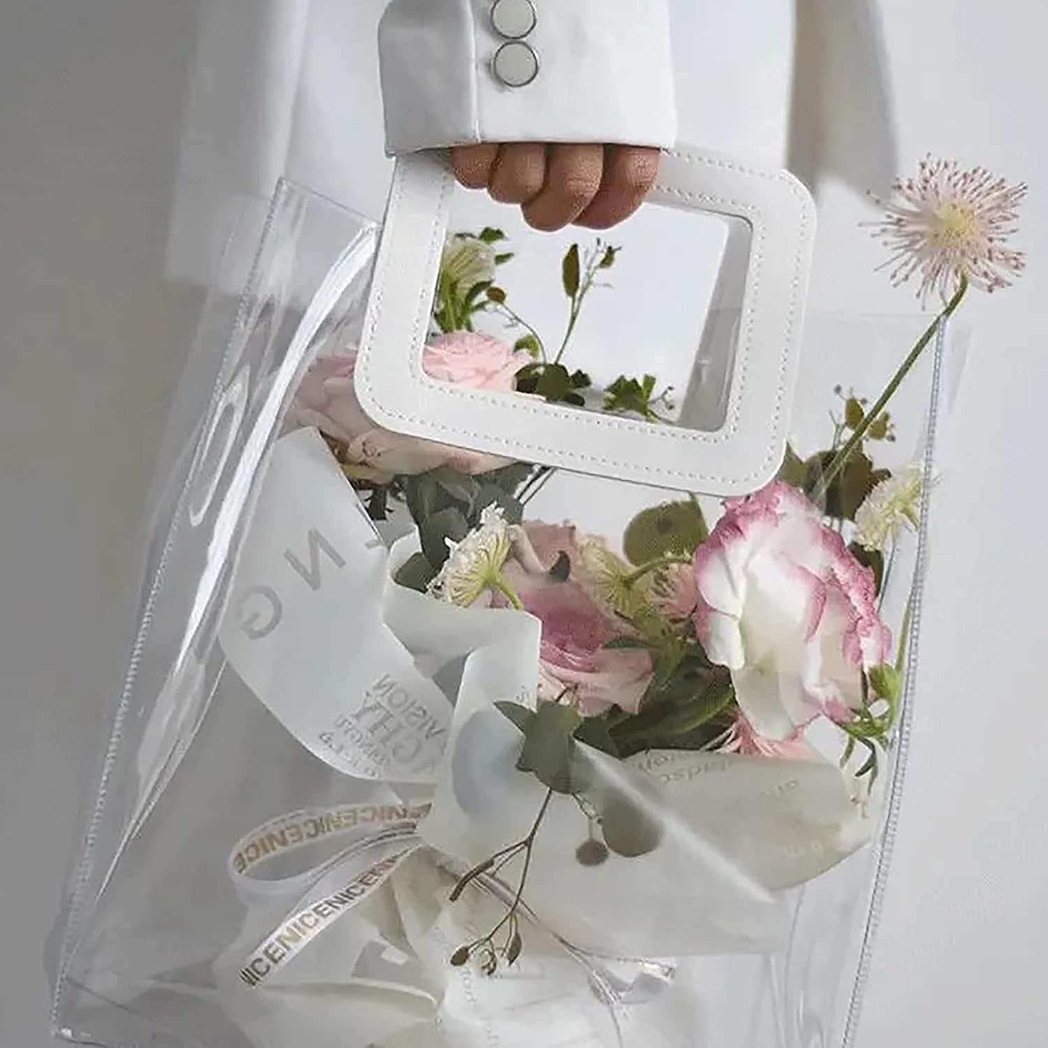 Rmannke Clear Gift Bag with Handle, 4 Pcs Transparent PVC Gift Bag, Heavy Duty Reusable Gift Wrap Bags for Bridal Party, Baby Shower, Wedding Favor, Shopping Bag Bulk- 9.8"x6"x11"