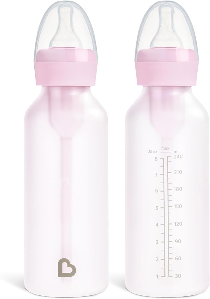 Bond Silicone Coated Glass Baby Bottles - Anti-Colic Feeding System with Natural Feel Nipples, 8 Ounce, 2 Pack, Pink