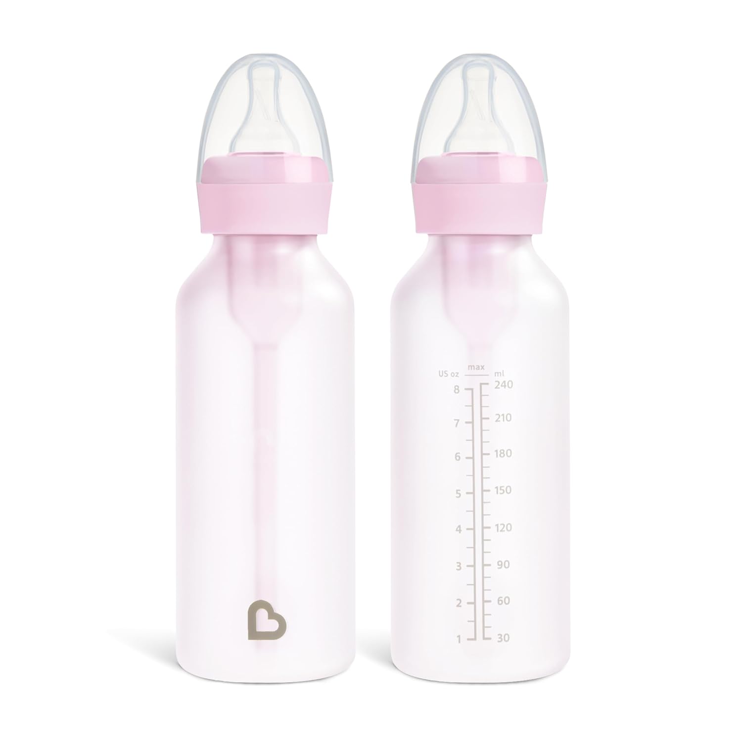 Munchkin Bond Silicone Coated Glass Baby Bottles - Anti-Colic Feeding System with Natural Feel Nipples, 8 Ounce, 2 Pack, Pink