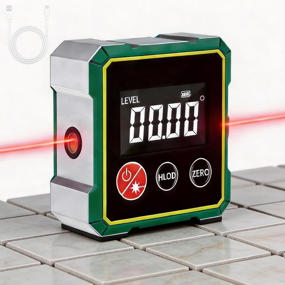 Magnetic Digital Angle Finder with Electronic Laser, Digital Spirit Level with LCD Display, 2-Side Strong Magnetic Angle Finder Tool, USB Charging Inclinometer for Woodworking Construction