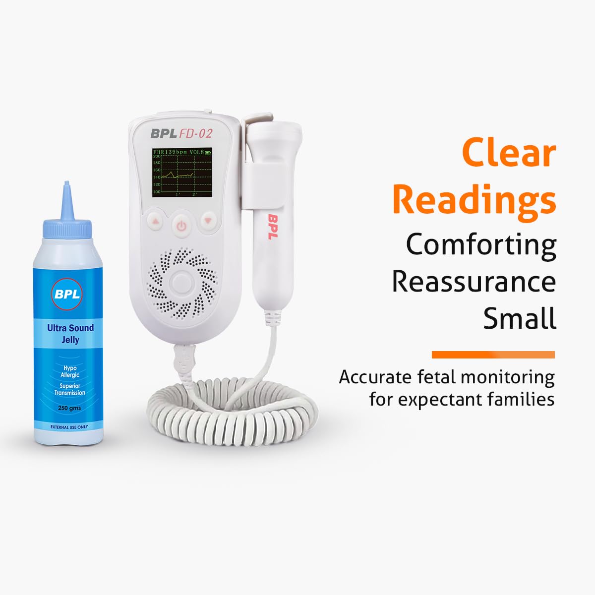 BPL Medical Technologies FD-02 Fetal Doppler Smart Noise Reduction & Heartbeat Detection Machine with Ultrasound Gel|In-Built Speaker for Home and Clinic Use - White