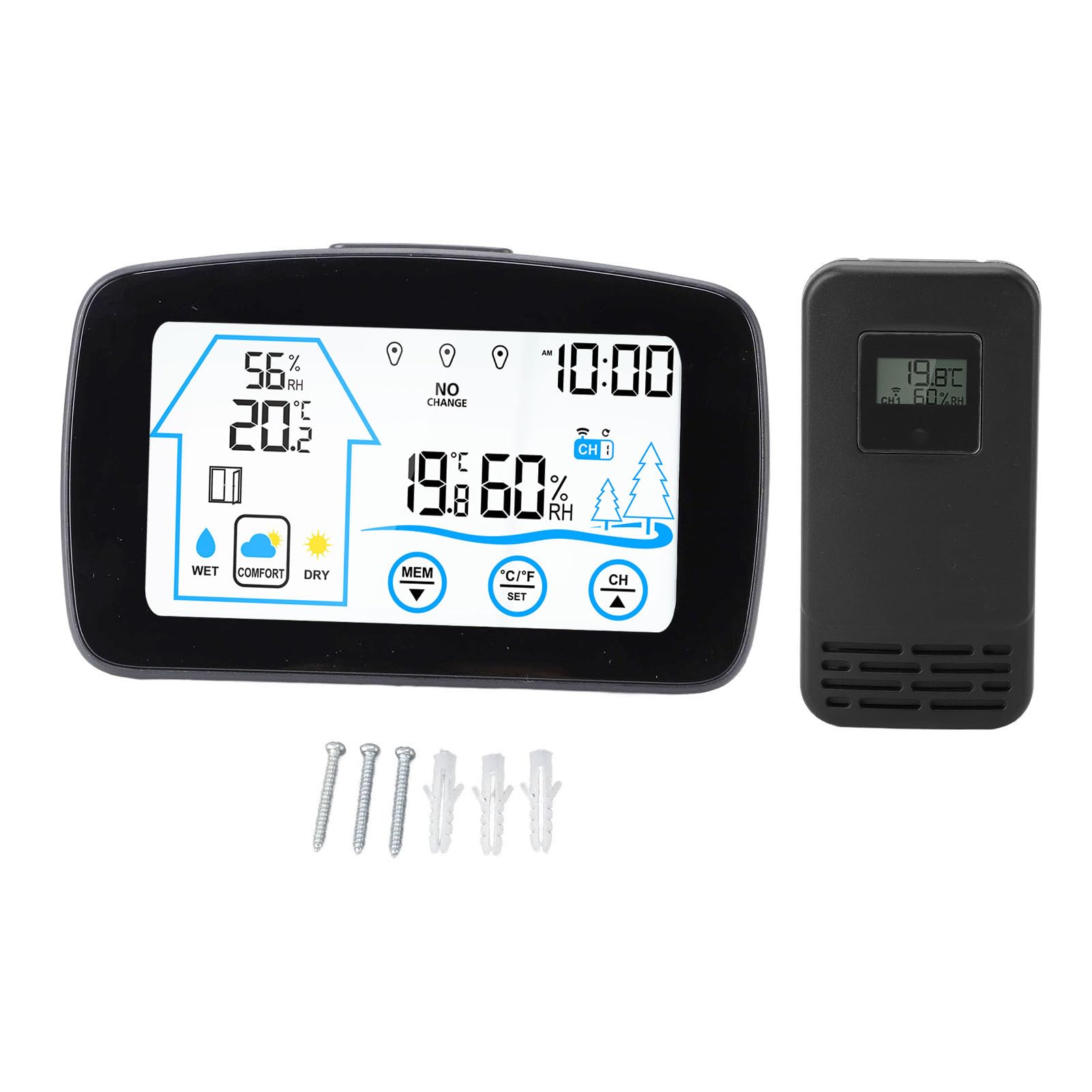 Hygrometer, Thermometer, Hintergrundbeleuchtung, Touchscreen-Taste, Wettervorhersage, Temperatur, Luftfeuchtigkeit, Messgerät für drinnen und draußen, Wohnzimmer, Schlafzim (Schwarz)