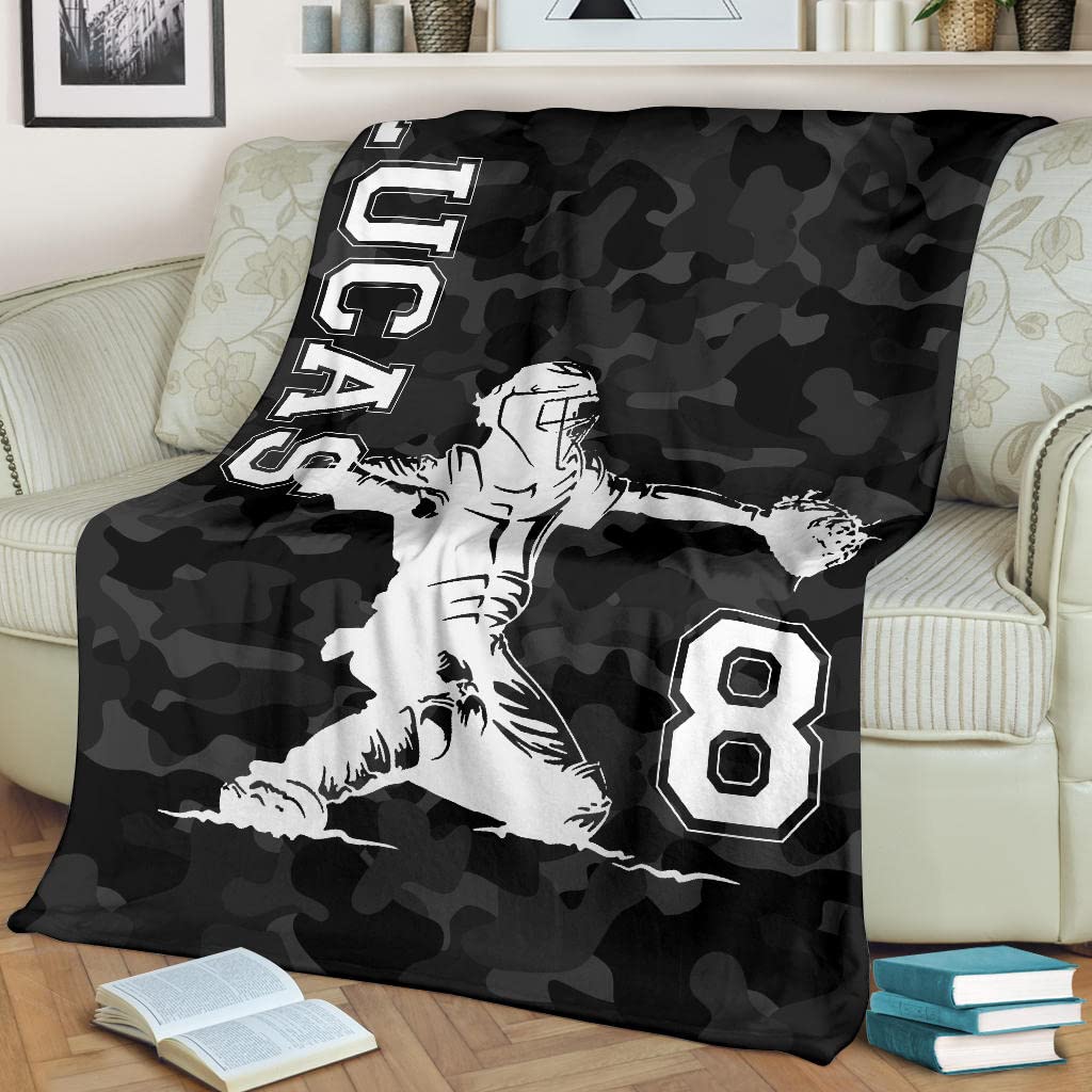 OhaPrints Custom Baseball Pitcher Black Camouflage Personalized Name Number Gift Soft Sherpa Throw Blankets Cozy Fuzzy Fleece Throws for Tv Sofa Couch