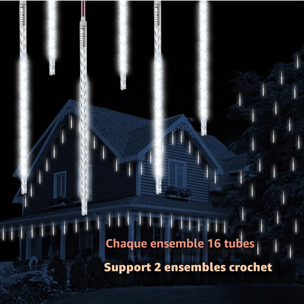 Lumières de Noël extérieures, Lumières de pluie de météores avec 16 tubes spirales (50cm 864 LEDs) longueur 5,25m, Lampe à glaçons étanche pour la décoration de Noël en extérieur, Blanc