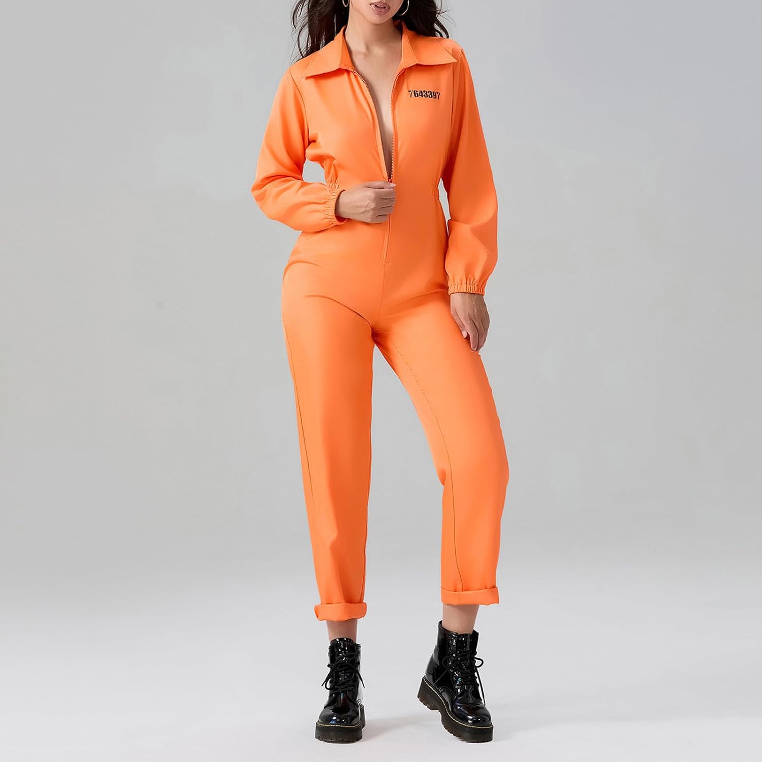 iTranyee Adult Halloween Prisoner Costume Long Sleeve Orange Prison Jumpsuit Unisex Fancy Inmate Jail Uniform Party Outfits - Image 3