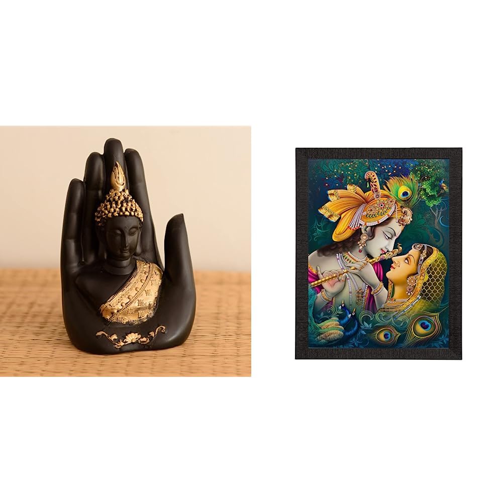 eCraftIndia Golden Handcrafted Palm Buddha Polyresin Showpiece (12.5 cm x 7.5 cm x 17.5 cm, Black) & eCraftIndia Radha Krishna Matt Textured Framed UV Art Painting (B0C99PDZ22) Amazon Price History, Amazon Price Tracker
