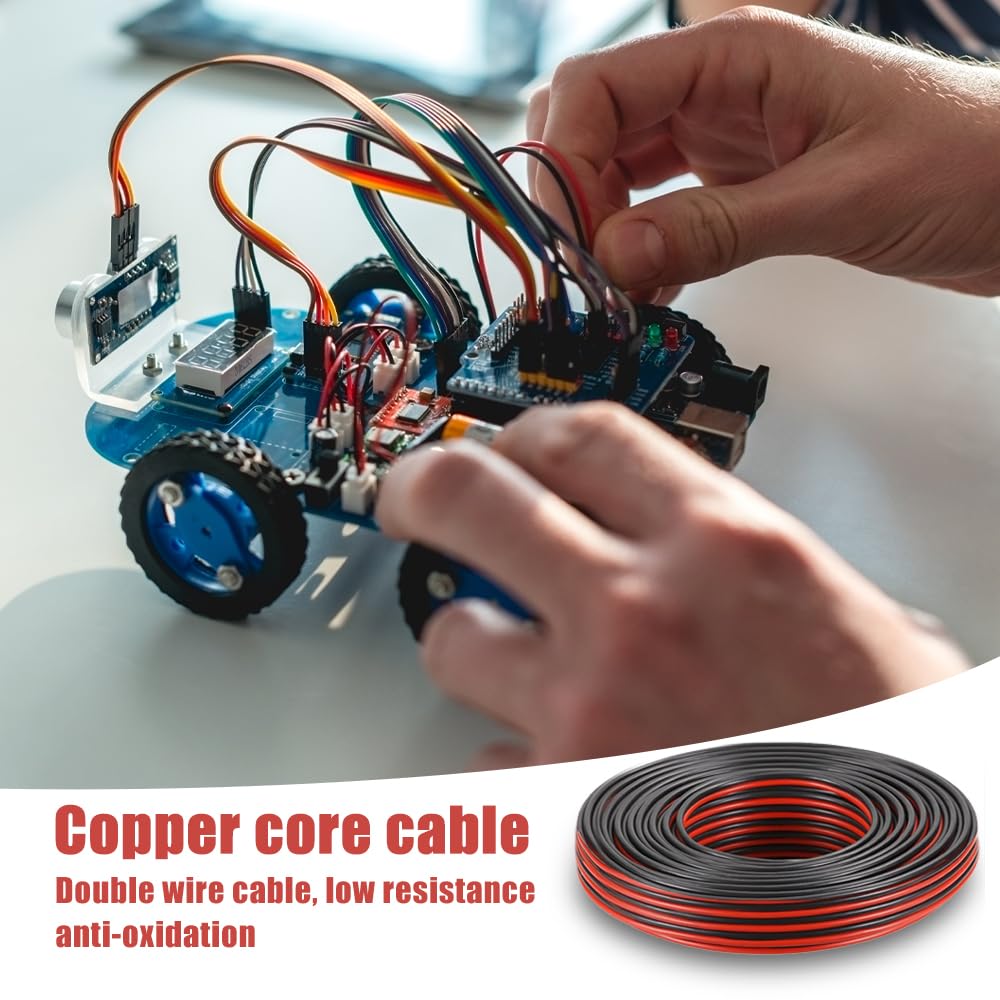 UQTUKO 22AWG elektrische draad, 2-aderige kabel, 0,3 mm², 2-polige siliconen kabel, dubbele strengen, vertind koperdraad voor ledstrips, elektrische verlengkabel (30 Meter