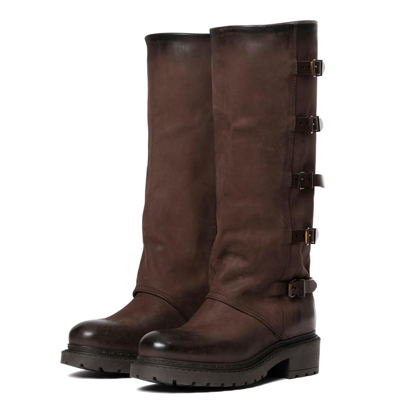 Goolita Retro Womens Knee High Boots Round Toe Chunky Heels Motorcycle Boots Slip On Multiple Buckle Biker Riding
