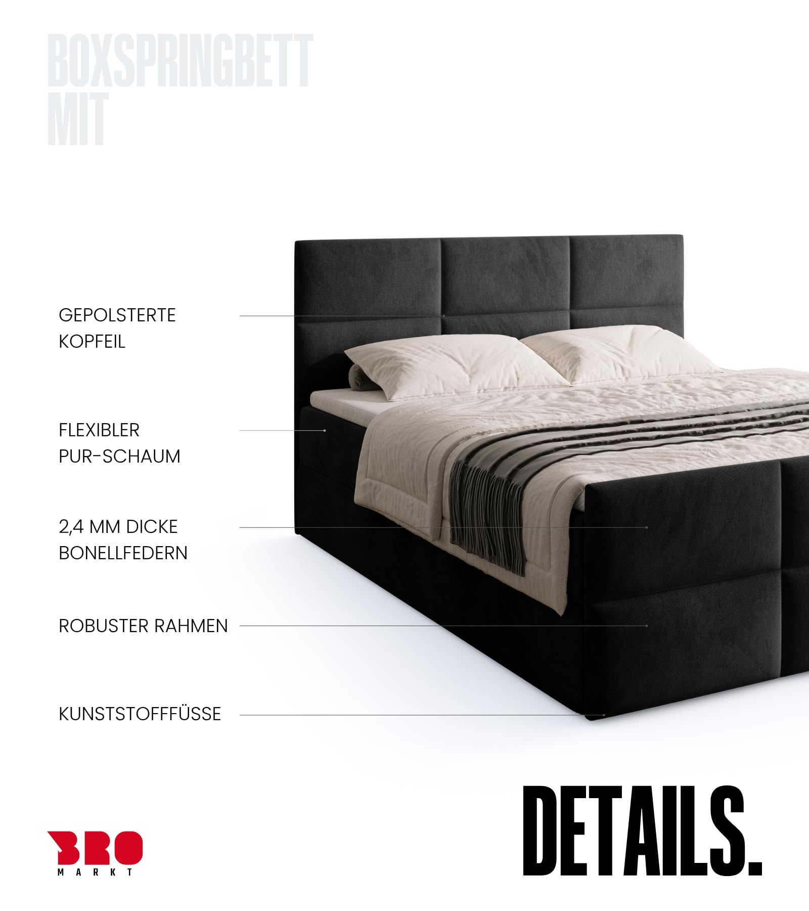 BROMARKT Boxspringbett mit Matratze 180x200 Bett mit Bettkasten Schwarz