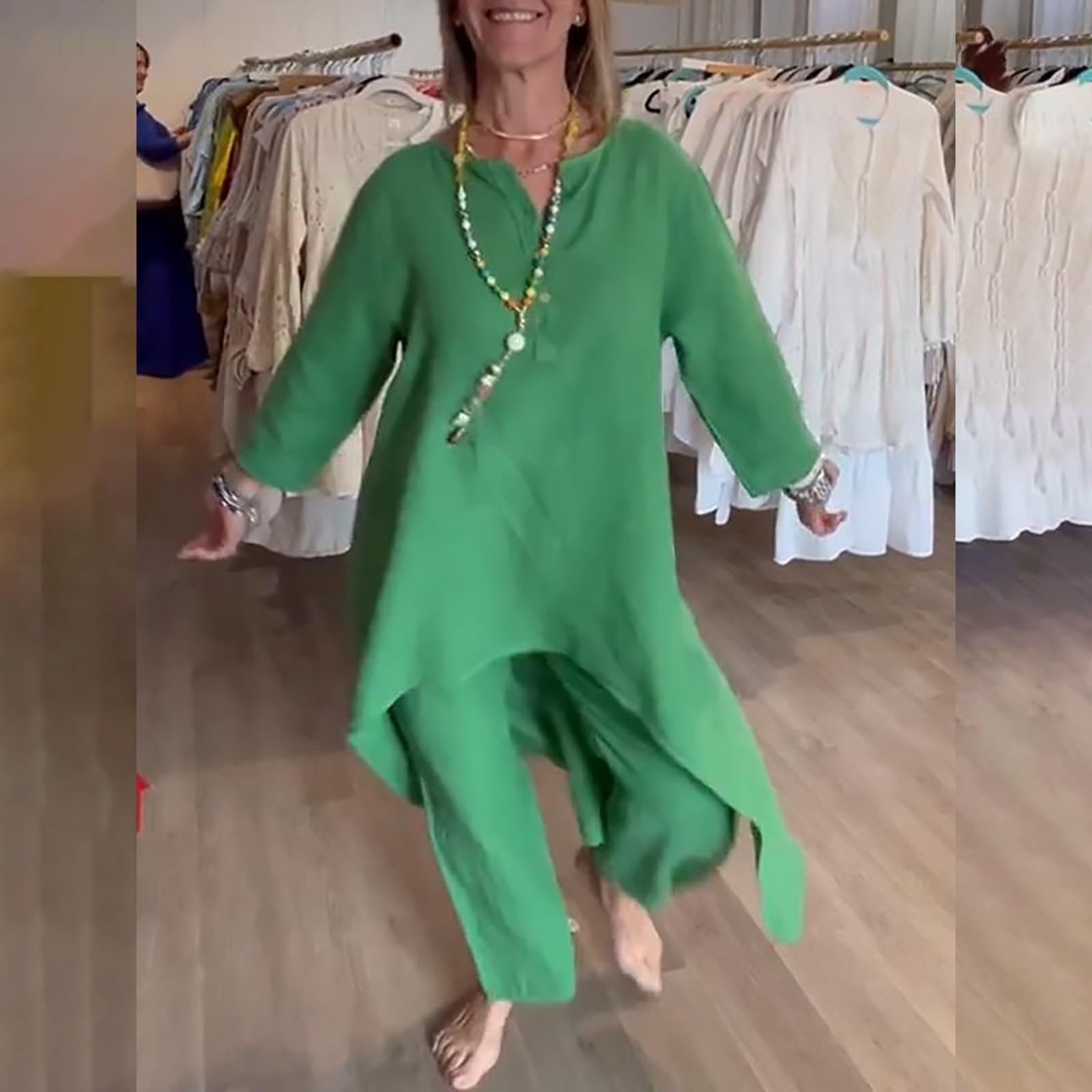 Combinaison d'intérieur pour femme - Grandes tailles - Couleur unie - En coton - Chemisier à col rond et pantalon large - Combinaison de loisirs légère et ample avec ourlet haut - Tenue longue de