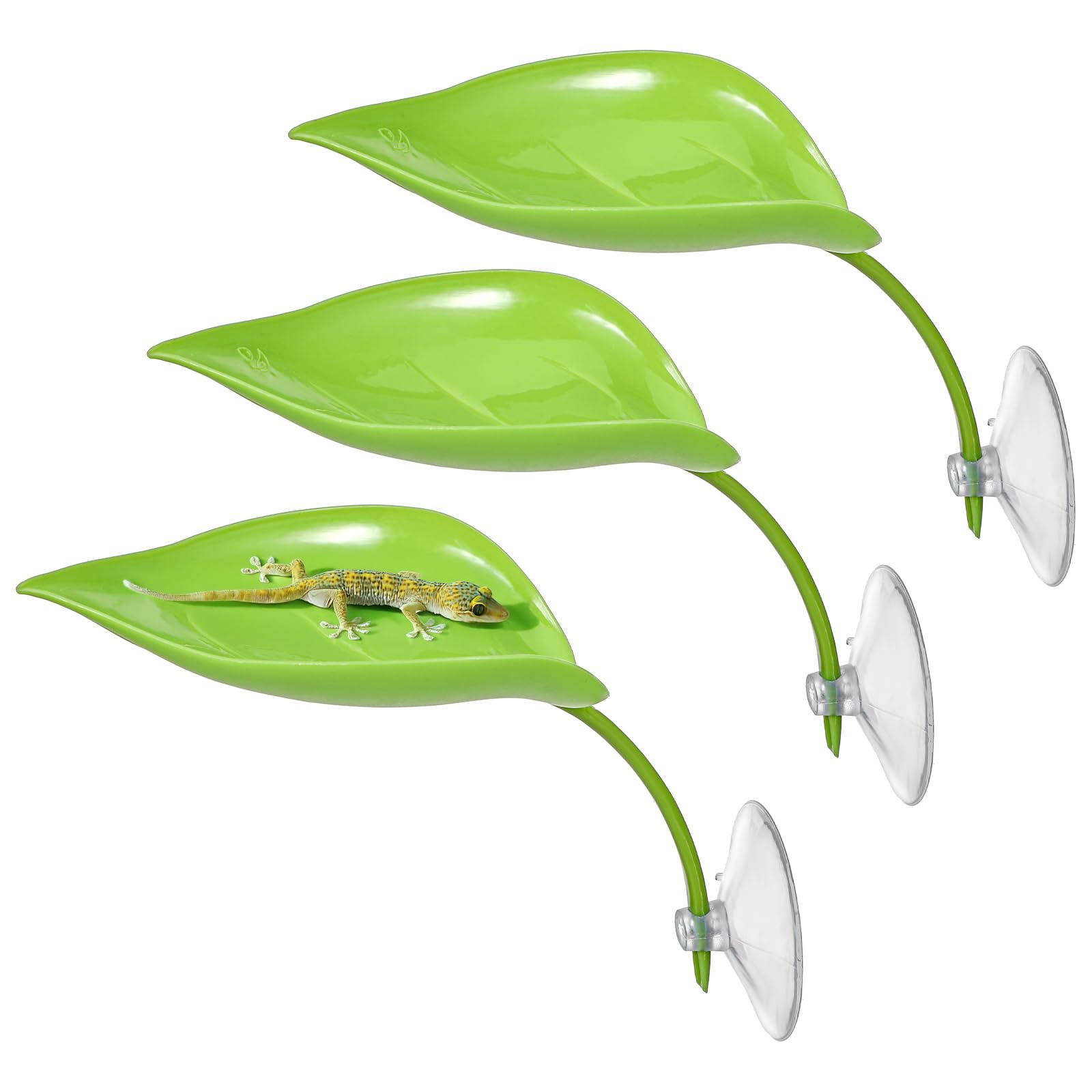 PEOVLVN 3 Pcs Crested Gecko Tank Accessories, Plastic Reptile Leaf Plant Ornament with Suction Cup Wall Climbing Gecko Hide Reptile Hide for Turtle Tank Decorations(Green)