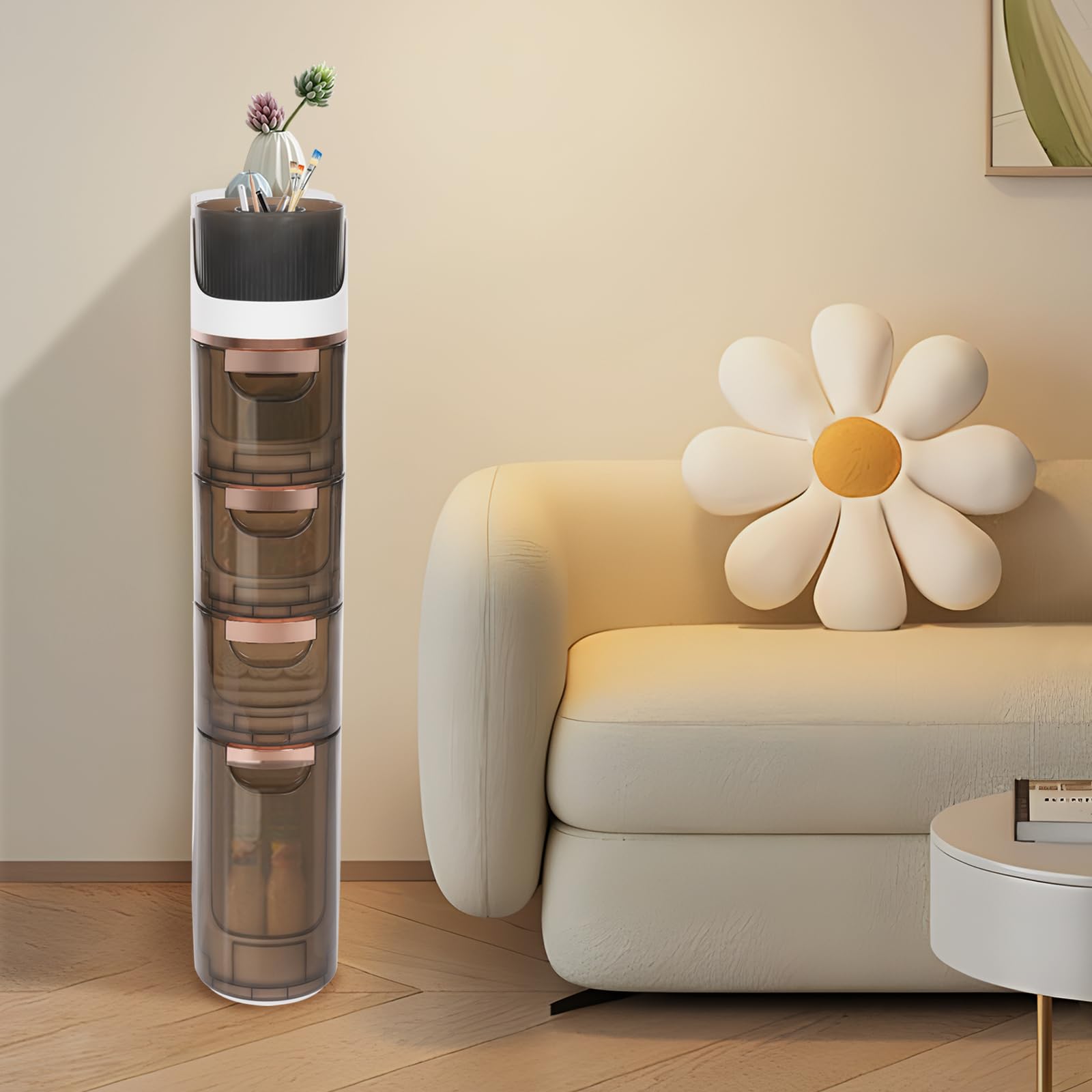 Carrito de almacenamiento estrecho con 4 cajones, cajonera con suelo alto, giratorio, espacio de almacenamiento superior para baño, dormitorio, salón, organización máxima