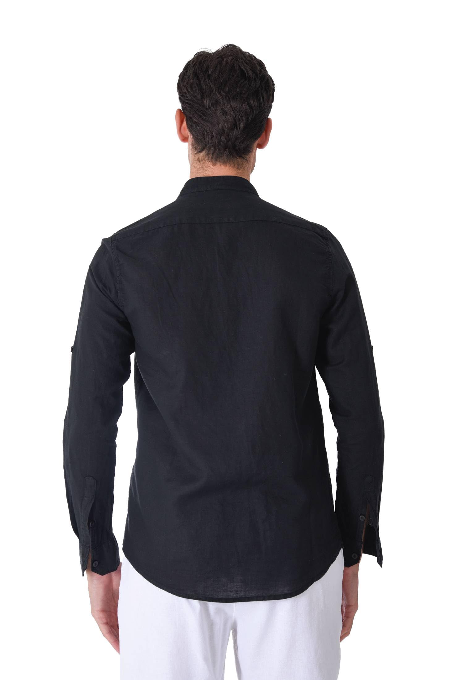 Camisa de hombre 100% lino cuello coreano blanco azul beige celeste negro rosa verde manga larga verano Slim Fit Serafino Sartorial Mangas revolables Negro M