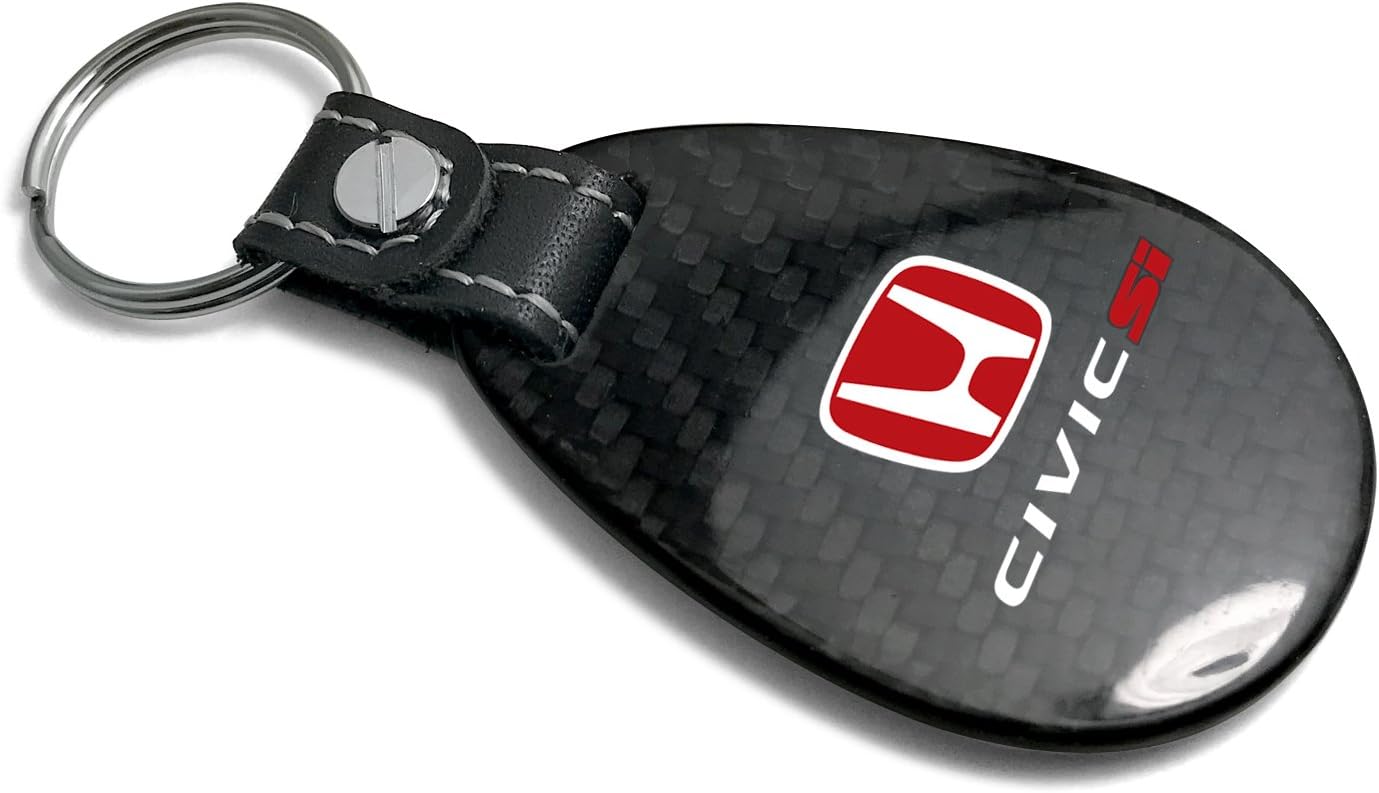 iPick Image for Honda Red Logo Civic Si Real Black Carbon Fiber with Leather Strap Large Tear Drop Key Chain - Official Licensed