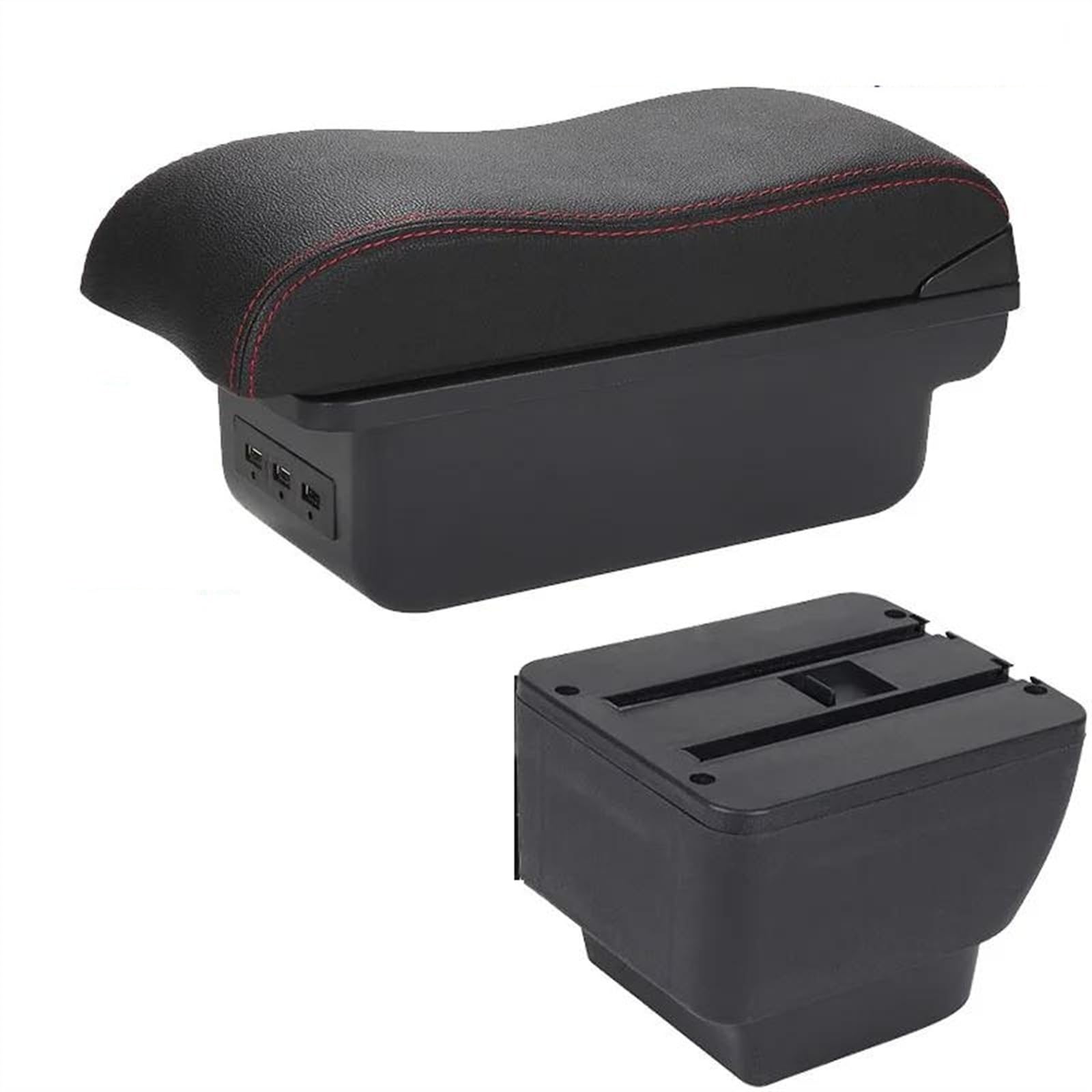 NOHEEU Car Armrest Box Curved Surface Leather Storage Simple Installation Interior Detail For Mazda 2 Demio(B1 Black red 3USB)