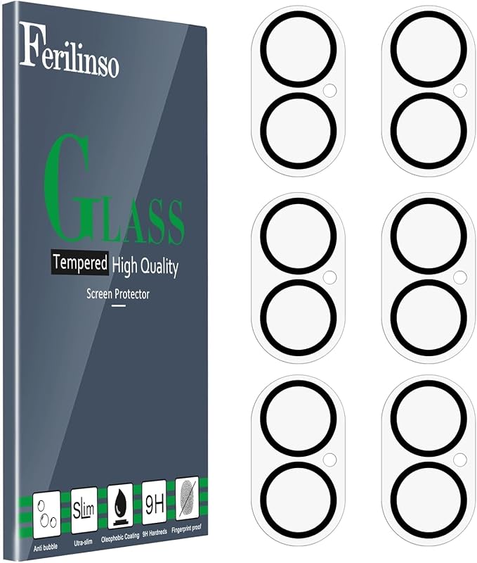 Ferilinso Protector de Lente de Cámara para iPhone 17/16/16 Plus, Vidrio Templado | Paquete de 6, cubierta de cámara irrompible de grado militar 9H+, compatible con estuches, HD, antiarañazos, sin reflejos de flash para tomas nocturnas