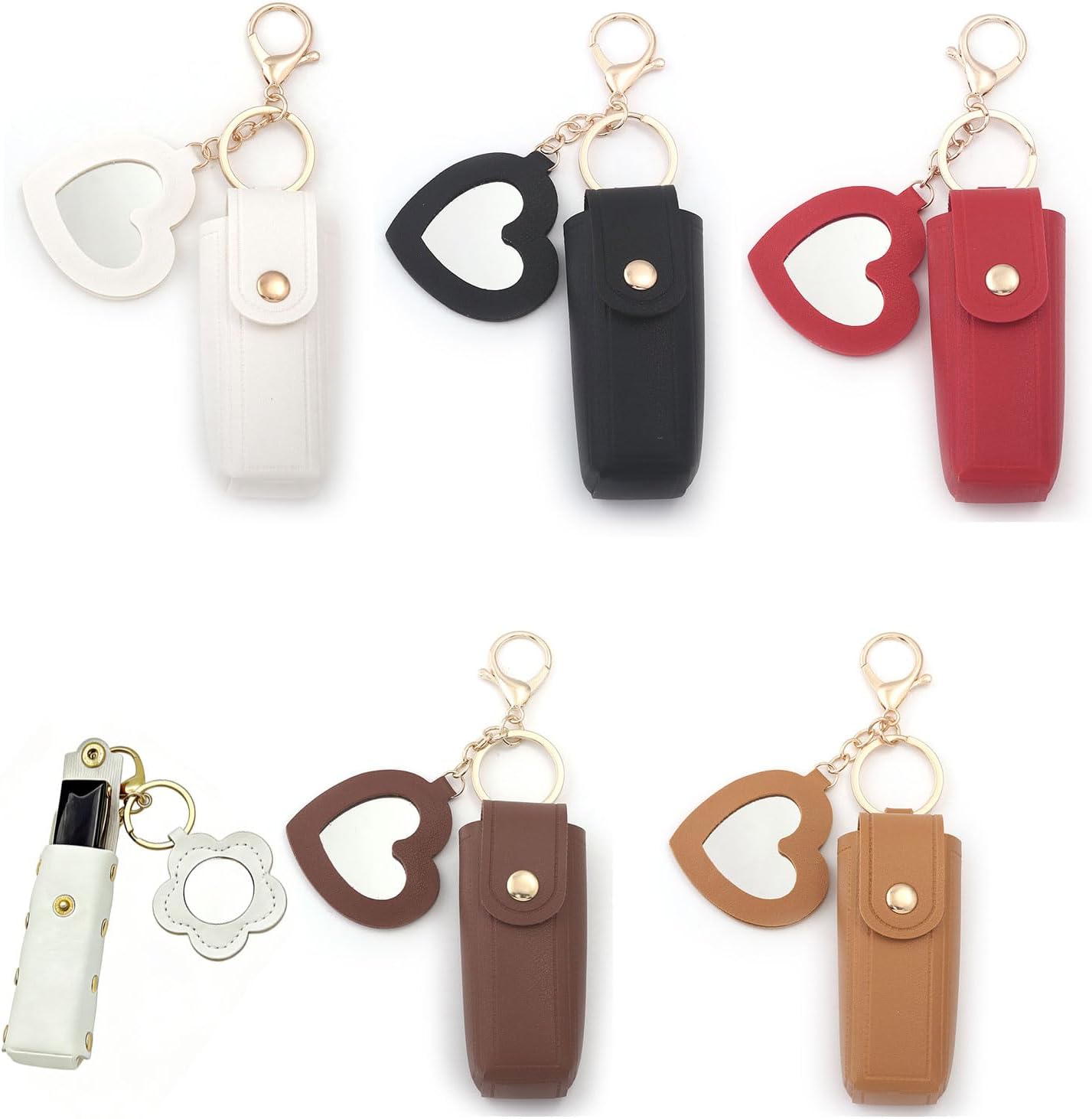 4 Pcs PU Leather Chapstick Holder Keychain with Mirror