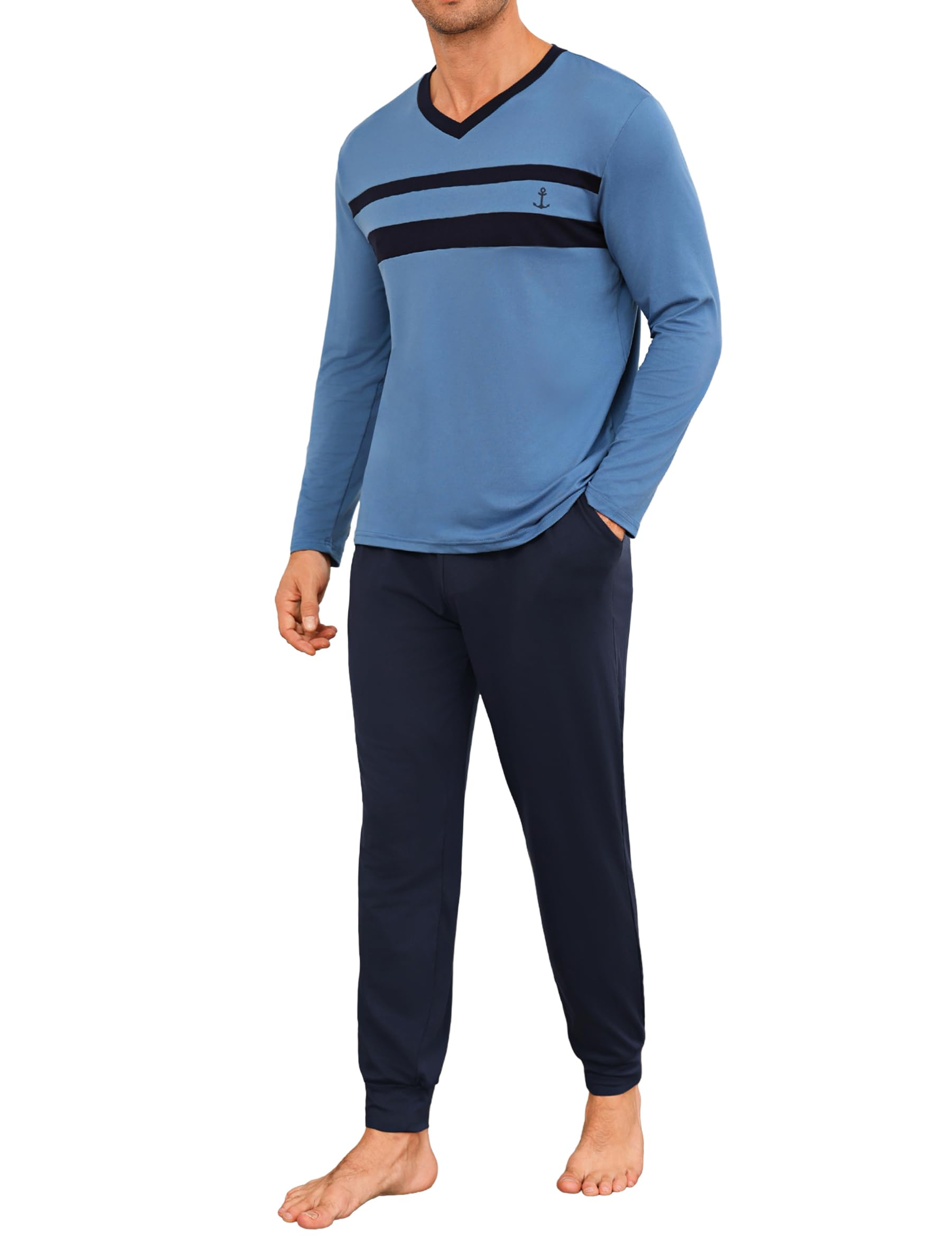 Marvmys Pyjama voor heren, winter, lange mouwen, pyjamaset, gestreept, zacht, loungewear, nachtkleding, V-hals, met zakken, S-3XL, Marineblauw, 3XL
