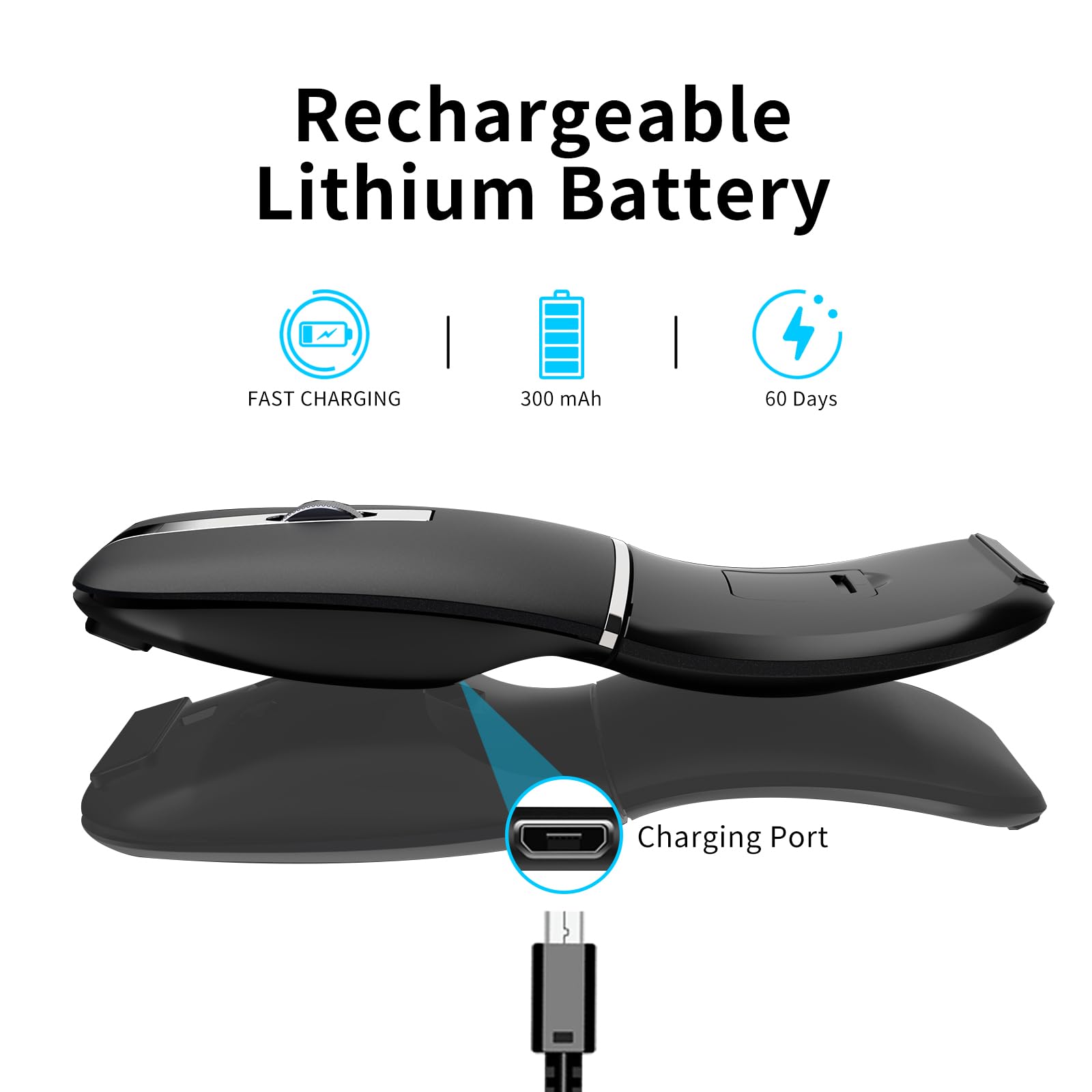 Ratón curvo Bluetooth, ratón inalámbrico giratorio recargable ultrafino, modo dual (BT5.0/3.0+2.4G), mouse portátil de arco de viaje adecuado para laptop, PC, Mac, tableta, iPad, color negro (no